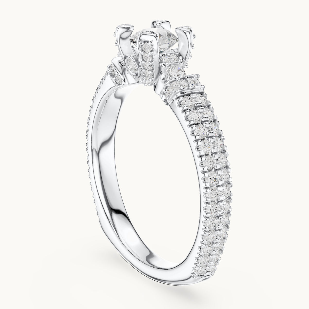 Round lab-grown diamond wide pavé engagement ring with accent diamonds in white gold, 1.19 CT TW, view 1