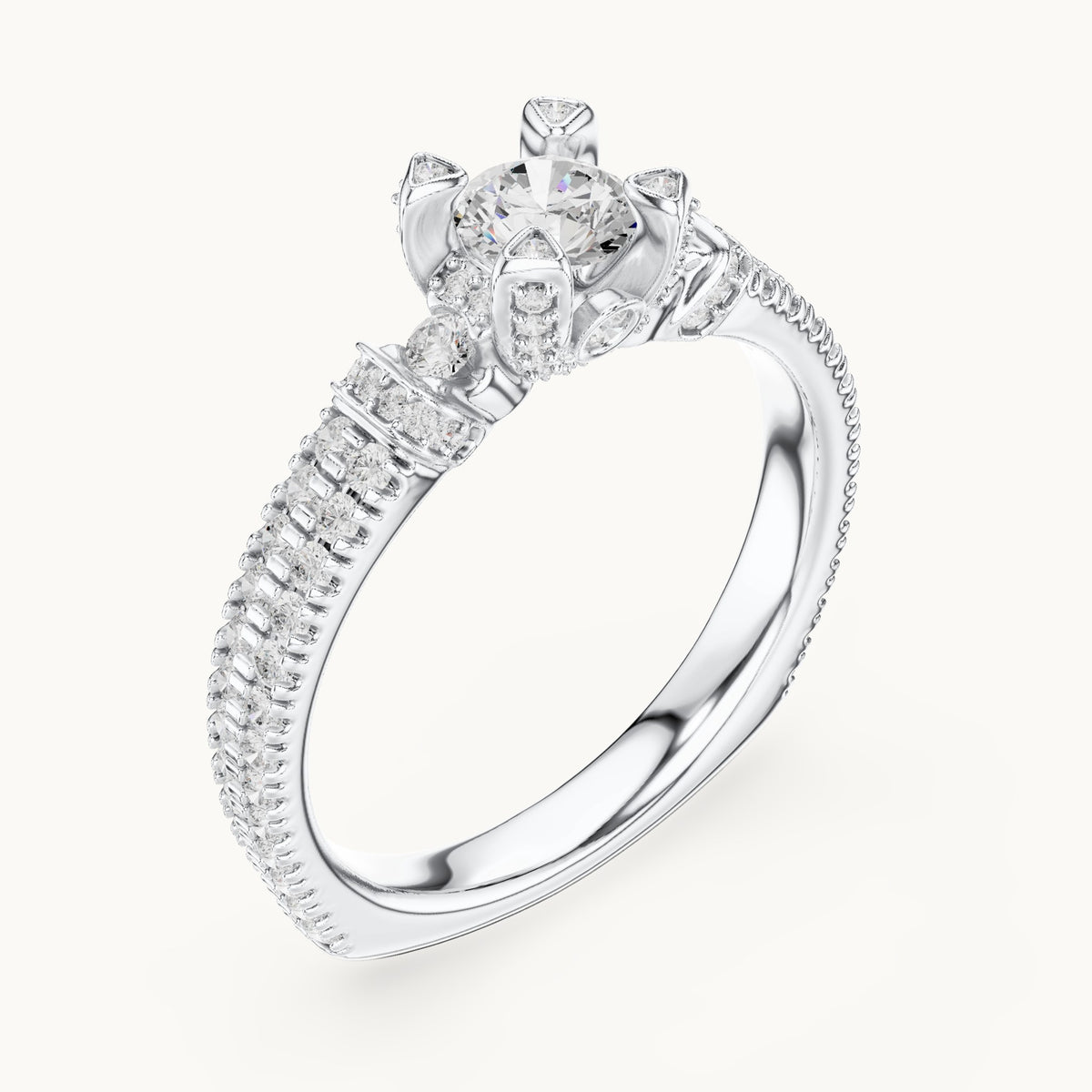 Round lab-grown diamond wide pavé engagement ring with accent diamonds in white gold, 1.19 CT TW, view 2