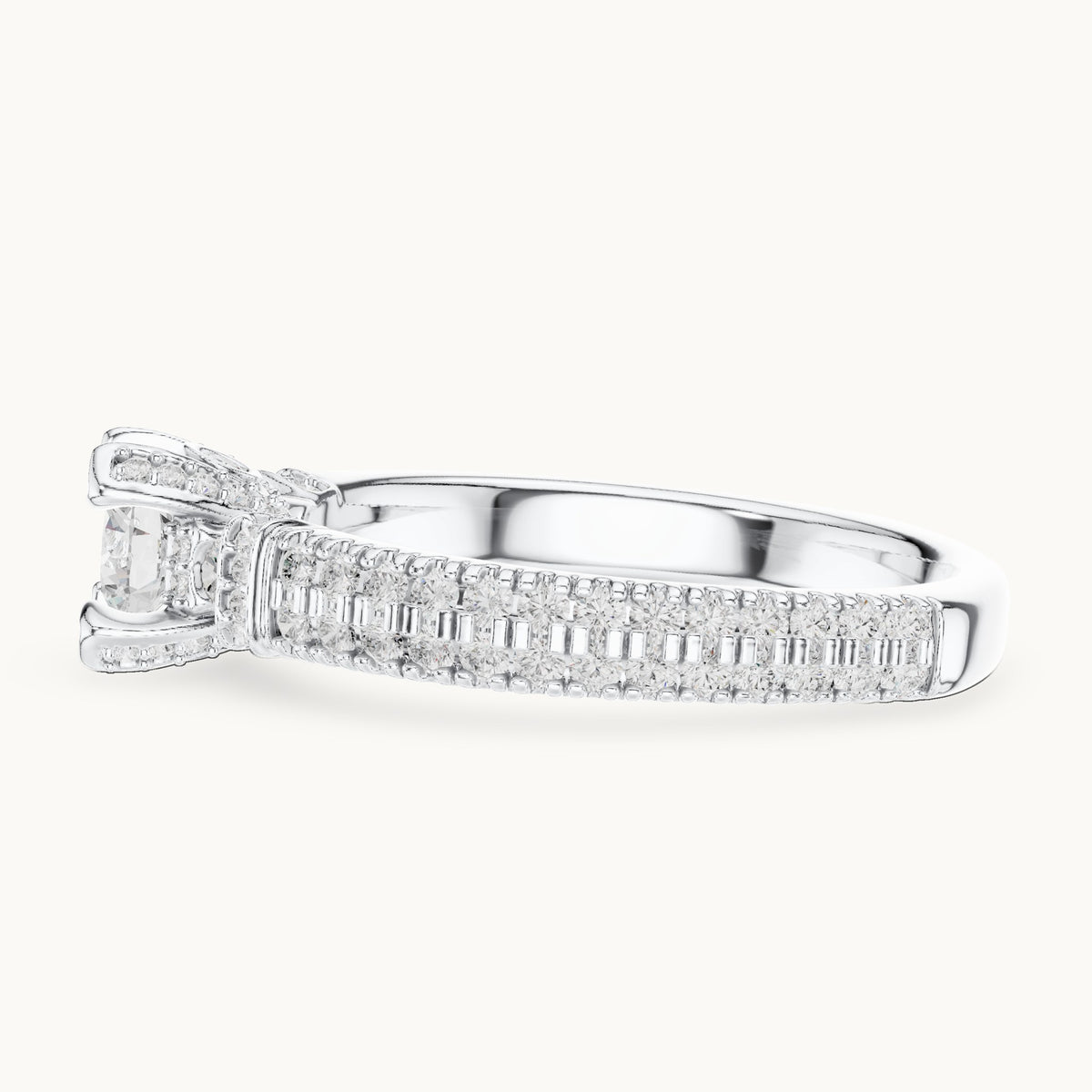 Round lab-grown diamond wide pavé engagement ring with accent diamonds in white gold, 1.19 CT TW, view 3