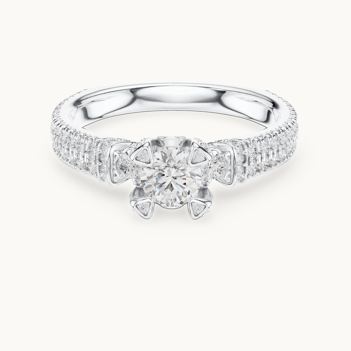 Round lab-grown diamond wide pavé engagement ring with accent diamonds in white gold, 1.19 CT TW, view 4