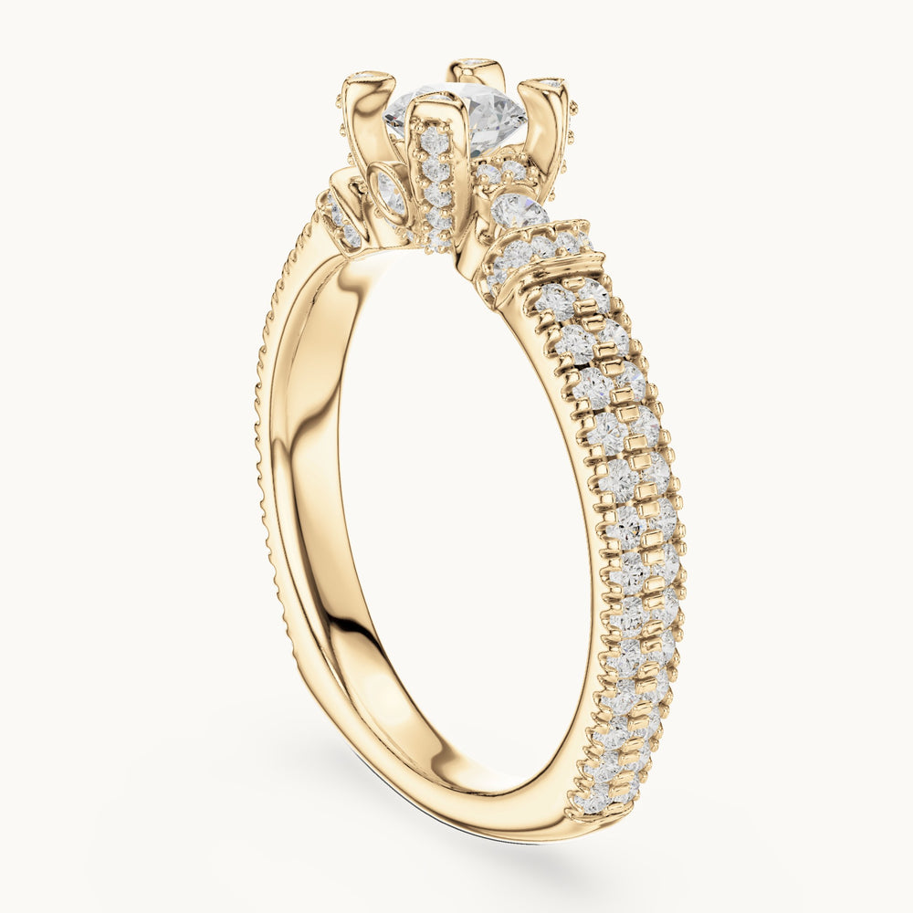 Round lab-grown diamond wide pavé engagement ring with accent diamonds in yellow gold, 1.19 CT TW, view 1