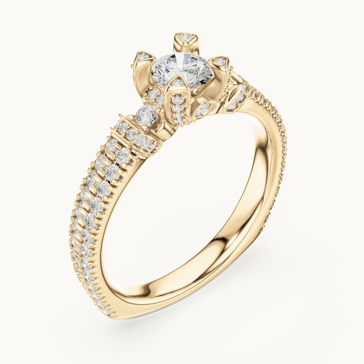 Round lab-grown diamond wide pavé engagement ring with accent diamonds in yellow gold, 1.19 CT TW, view 2