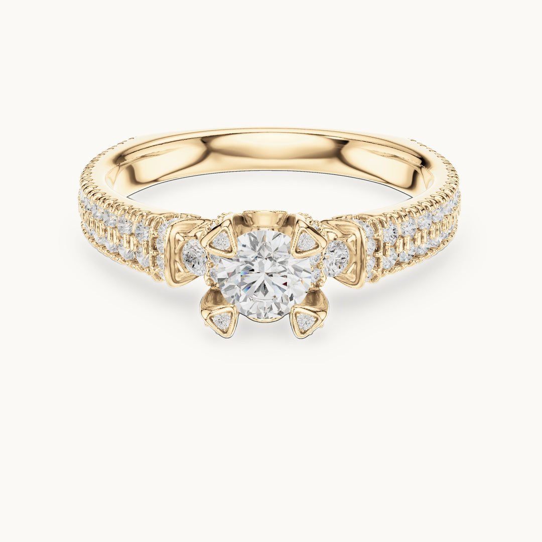 Round lab-grown diamond wide pavé engagement ring with accent diamonds in yellow gold, 1.19 CT TW, view 4