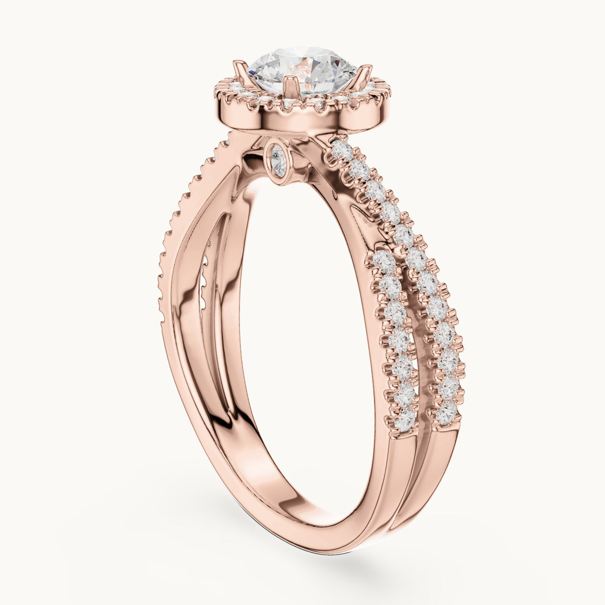 Round lab-grown diamond crossover halo engagement ring in rose gold, 1.122 CT TW, view 1