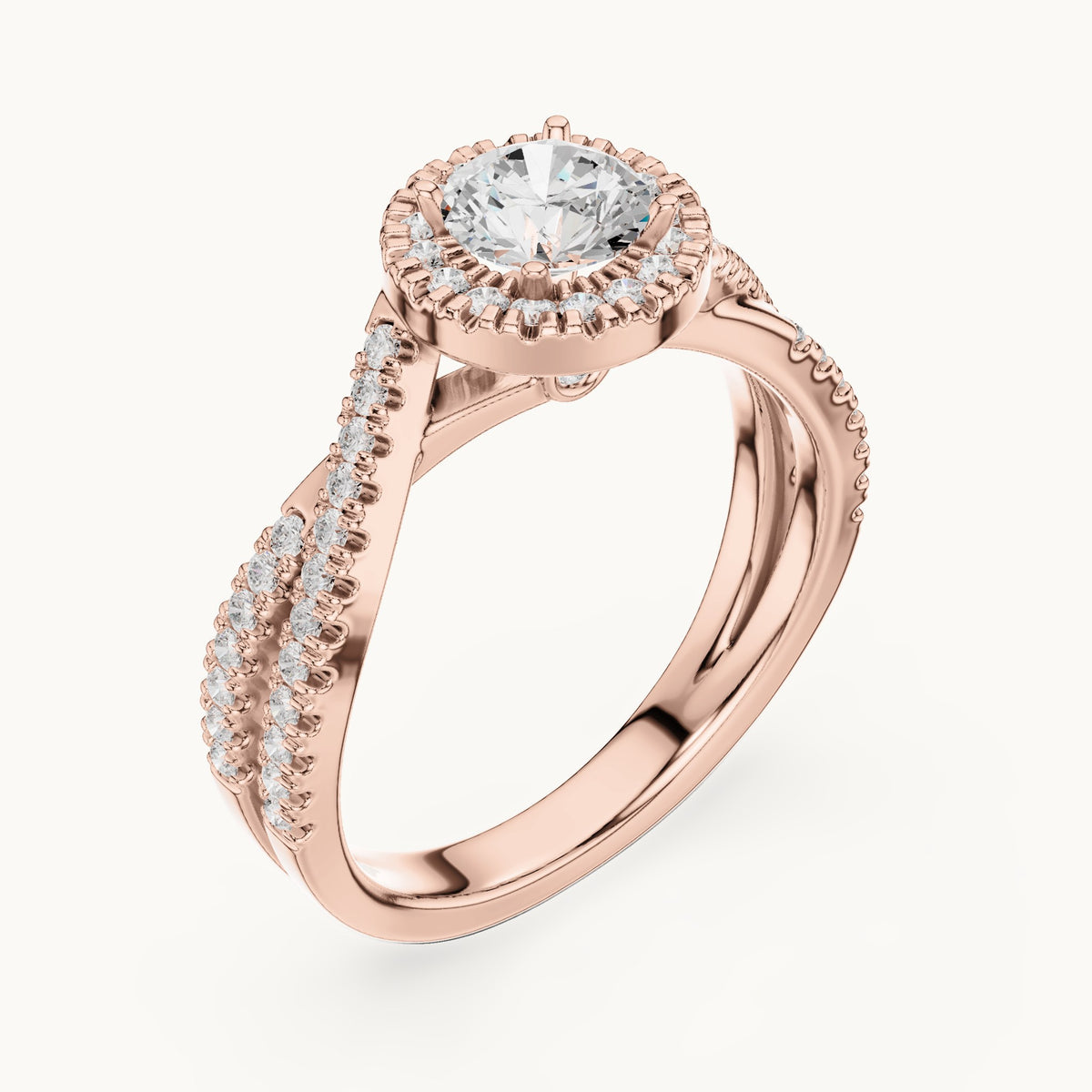 Round lab-grown diamond crossover halo engagement ring in rose gold, 1.122 CT TW, view 2