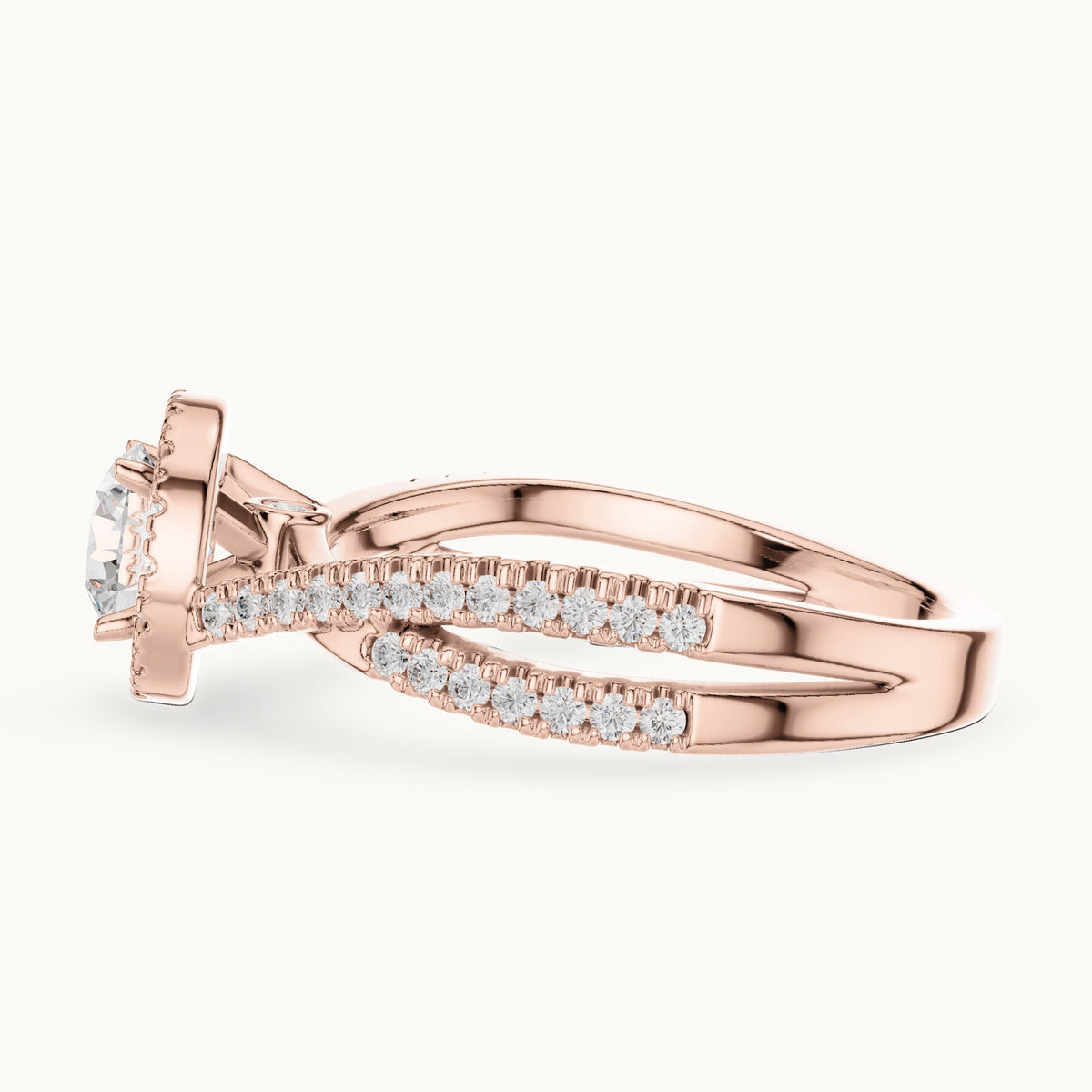 Round lab-grown diamond crossover halo engagement ring in rose gold, 1.122 CT TW, view 3