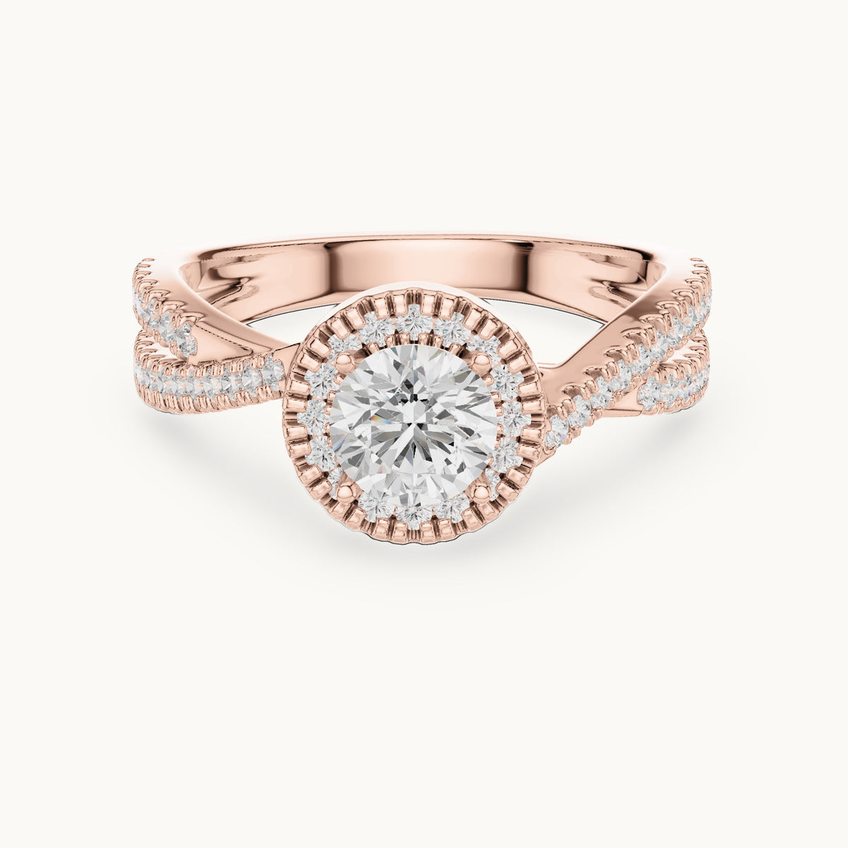 Round lab-grown diamond crossover halo engagement ring in rose gold, 1.122 CT TW, view 4