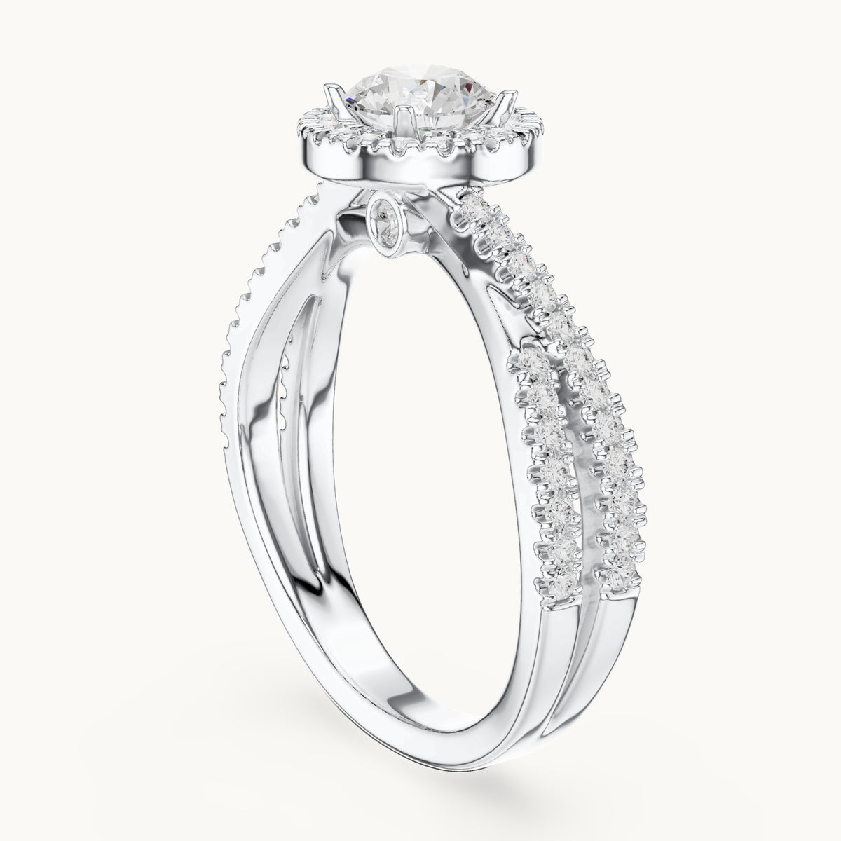 Round lab-grown diamond crossover halo engagement ring in white gold, 1.122 CT TW, view 1