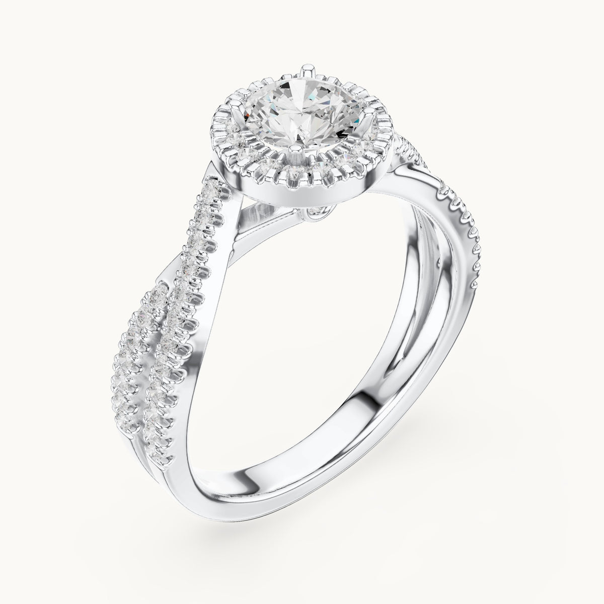 Round lab-grown diamond crossover halo engagement ring in white gold, 1.122 CT TW, view 2