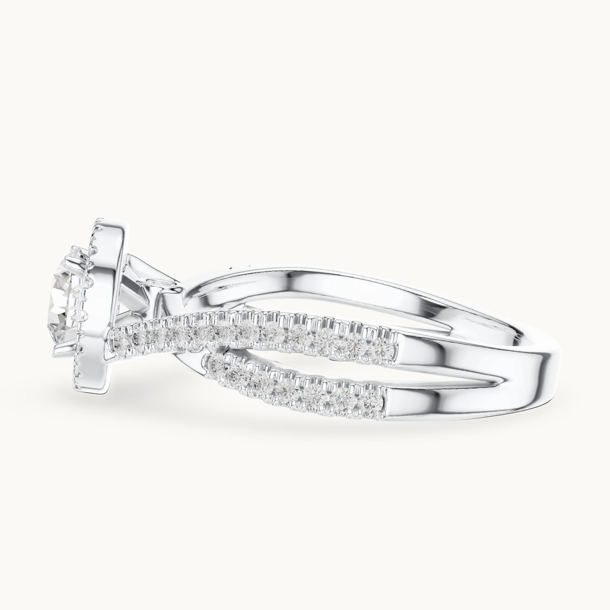 Round lab-grown diamond crossover halo engagement ring in white gold, 1.122 CT TW, view 3
