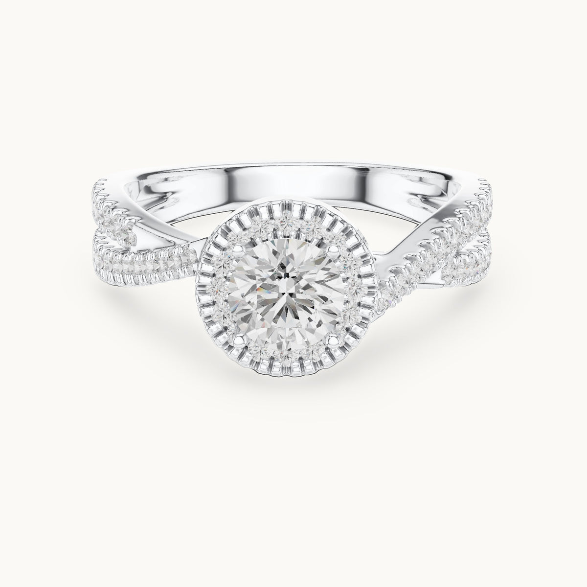 Round lab-grown diamond crossover halo engagement ring in white gold, 1.122 CT TW, view 4