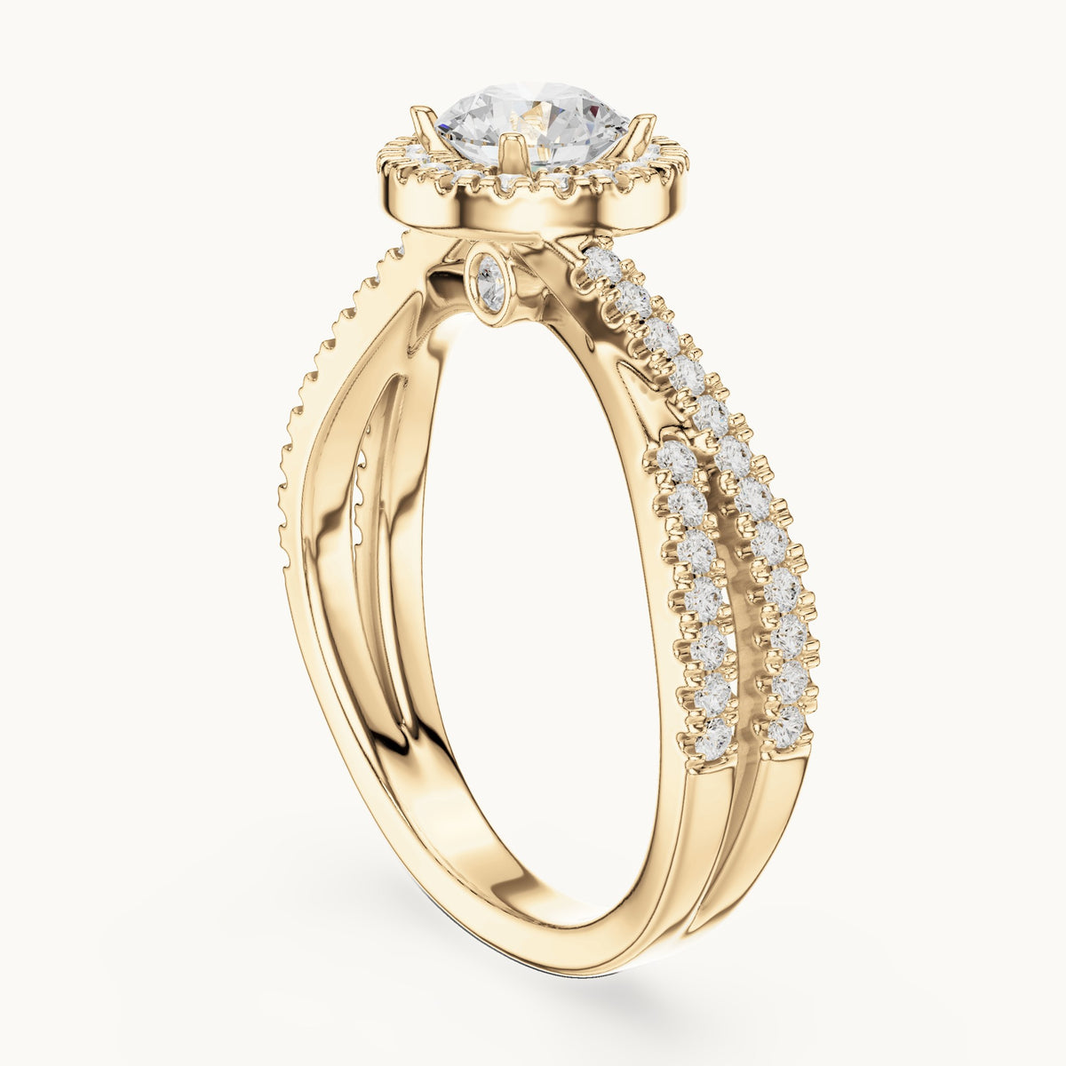 Round lab-grown diamond crossover halo engagement ring in yellow gold, 1.122 CT TW, view 1