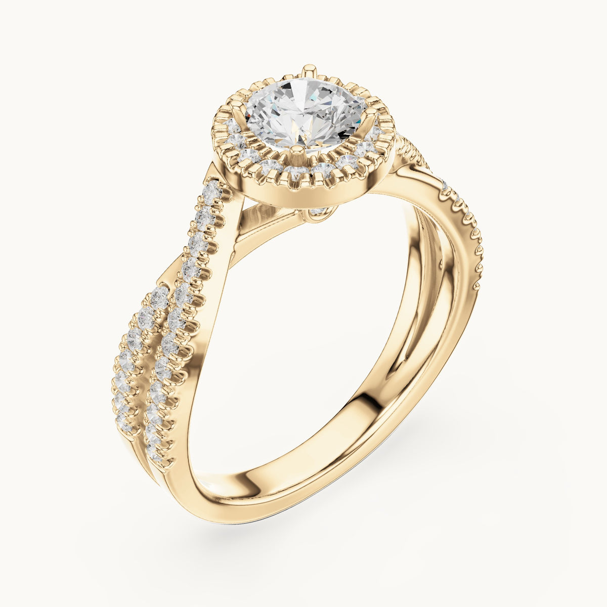 Round lab-grown diamond crossover halo engagement ring in yellow gold, 1.122 CT TW, view 2