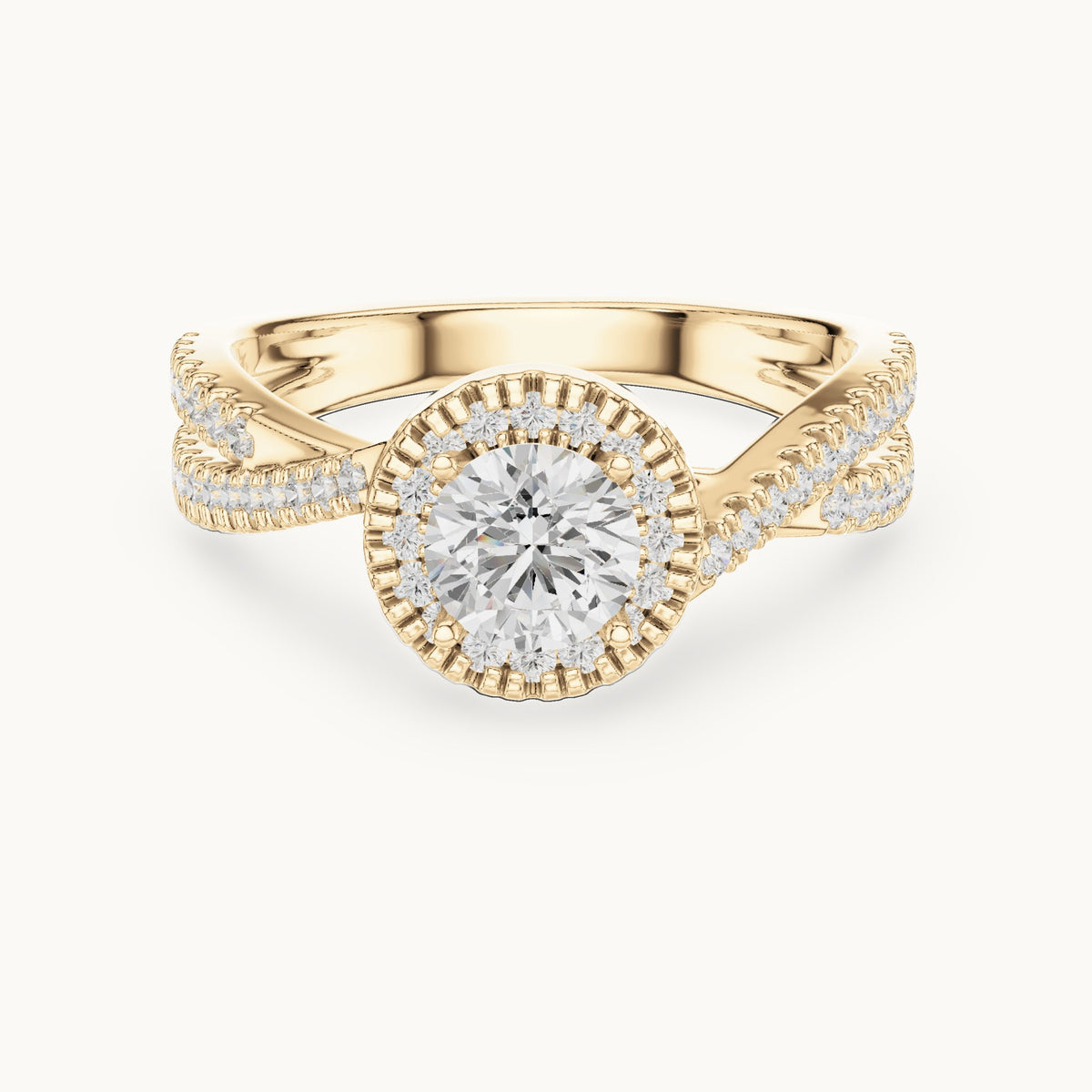 Round lab-grown diamond crossover halo engagement ring in yellow gold, 1.122 CT TW, view 4