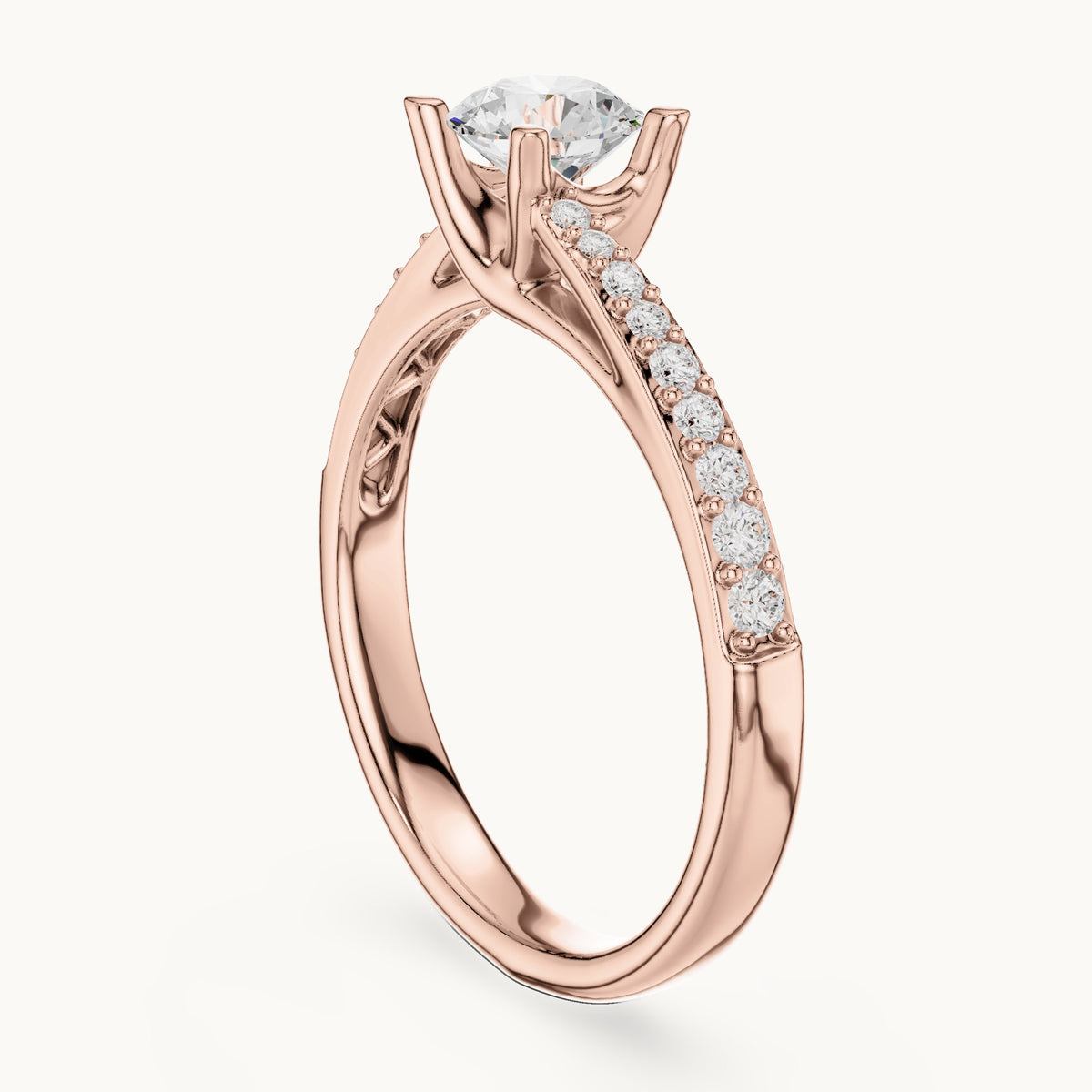 Round lab-grown diamond bypass solitaire engagement ring with pavé shoulders in rose gold, 0.82 CT TW, view 1