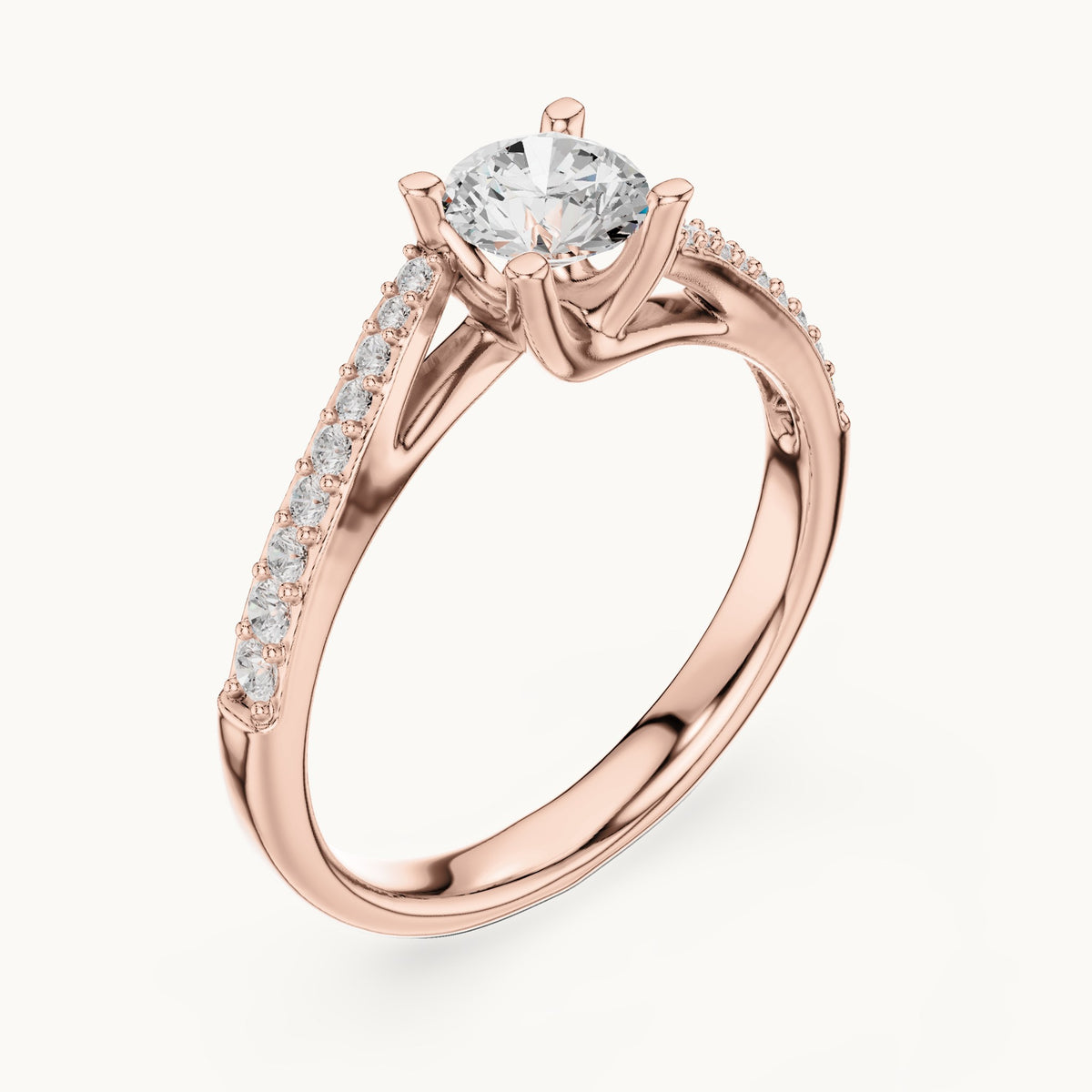 Round lab-grown diamond bypass solitaire engagement ring with pavé shoulders in rose gold, 0.82 CT TW, view 2