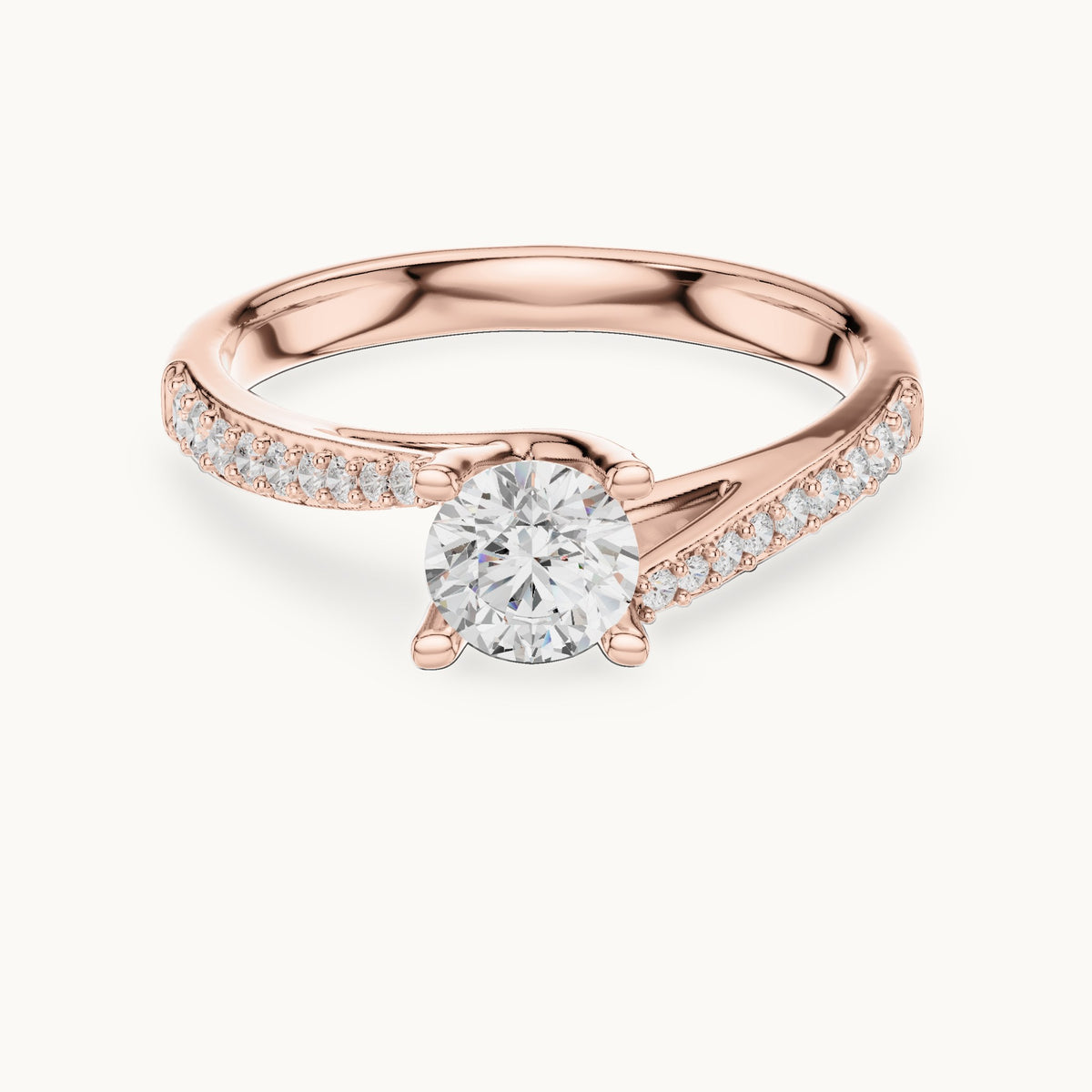 Round lab-grown diamond bypass solitaire engagement ring with pavé shoulders in rose gold, 0.82 CT TW, view 4