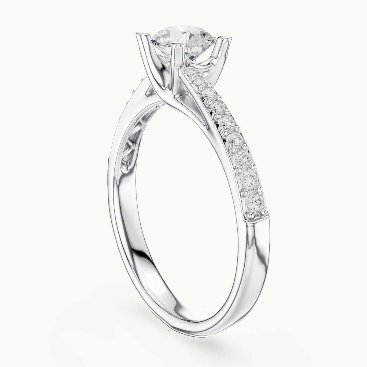 Round lab-grown diamond bypass solitaire engagement ring with pavé shoulders in white gold, 0.82 CT TW, view 1