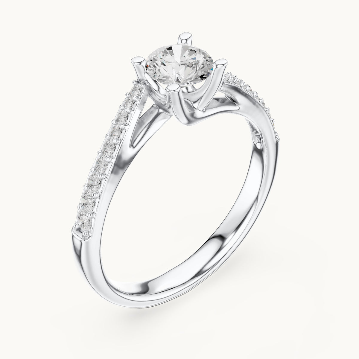 Round lab-grown diamond bypass solitaire engagement ring with pavé shoulders in white gold, 0.82 CT TW, view 2