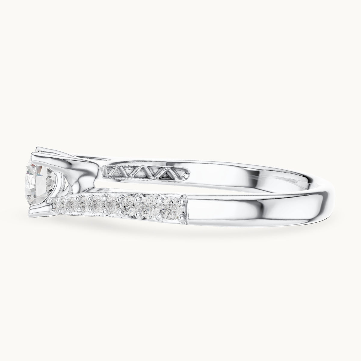Round lab-grown diamond bypass solitaire engagement ring with pavé shoulders in white gold, 0.82 CT TW, view 3
