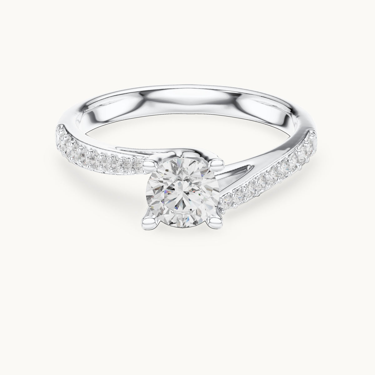 Round lab-grown diamond bypass solitaire engagement ring with pavé shoulders in white gold, 0.82 CT TW, view 4