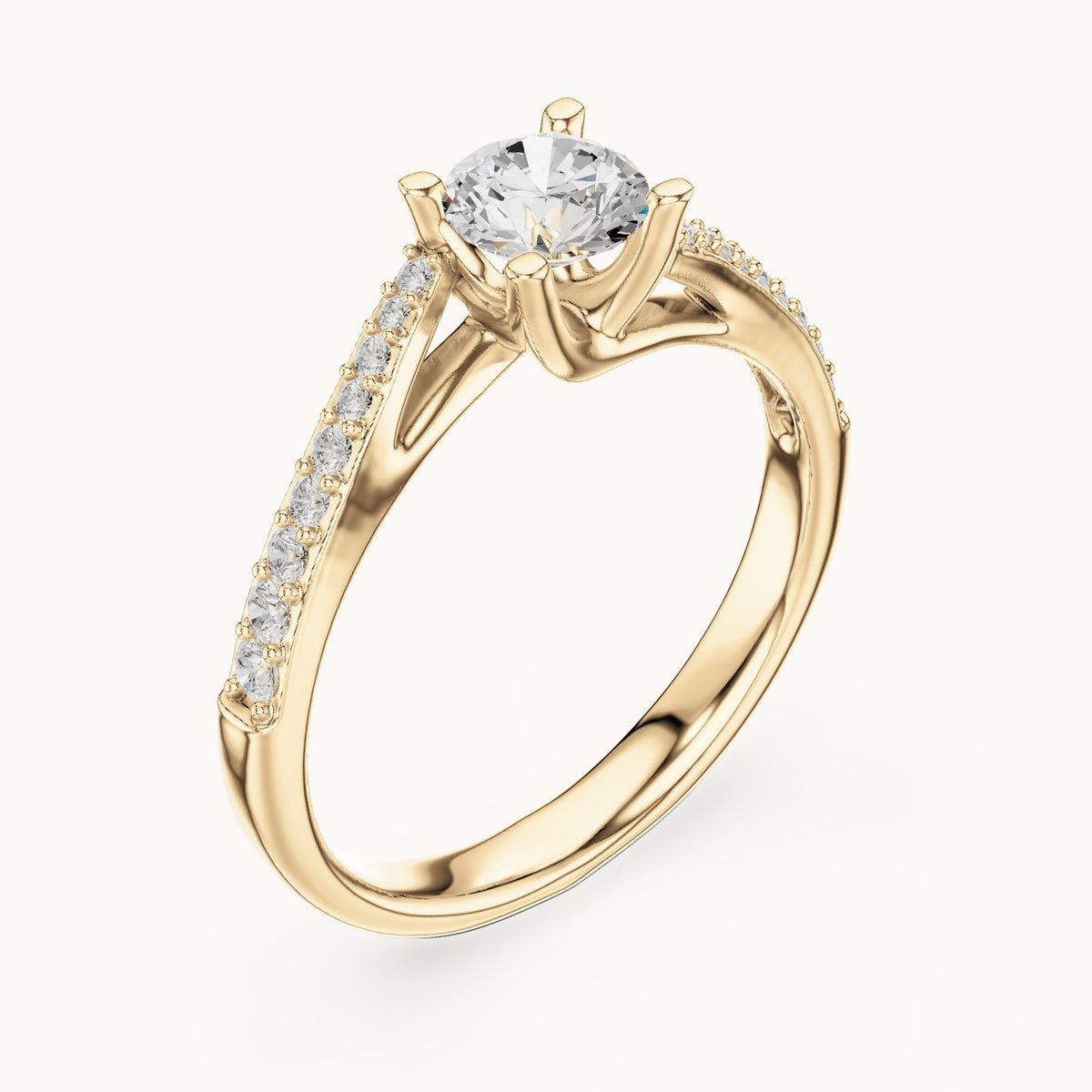 Round lab-grown diamond bypass solitaire engagement ring with pavé shoulders in yellow gold, 0.82 CT TW, view 2