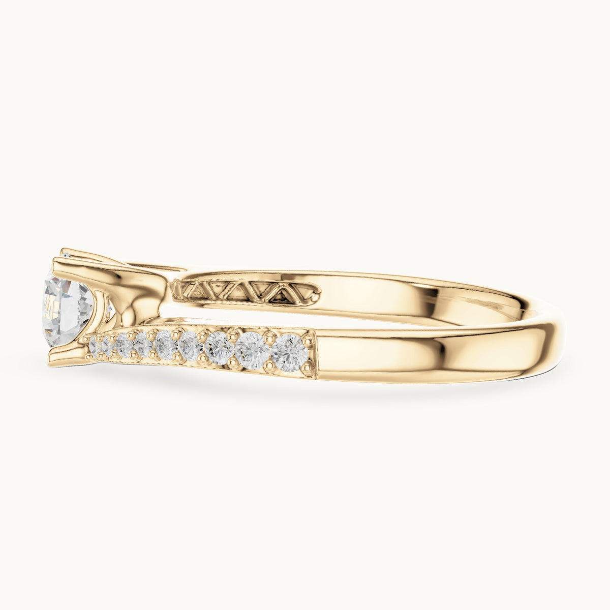 Round lab-grown diamond bypass solitaire engagement ring with pavé shoulders in yellow gold, 0.82 CT TW, view 3