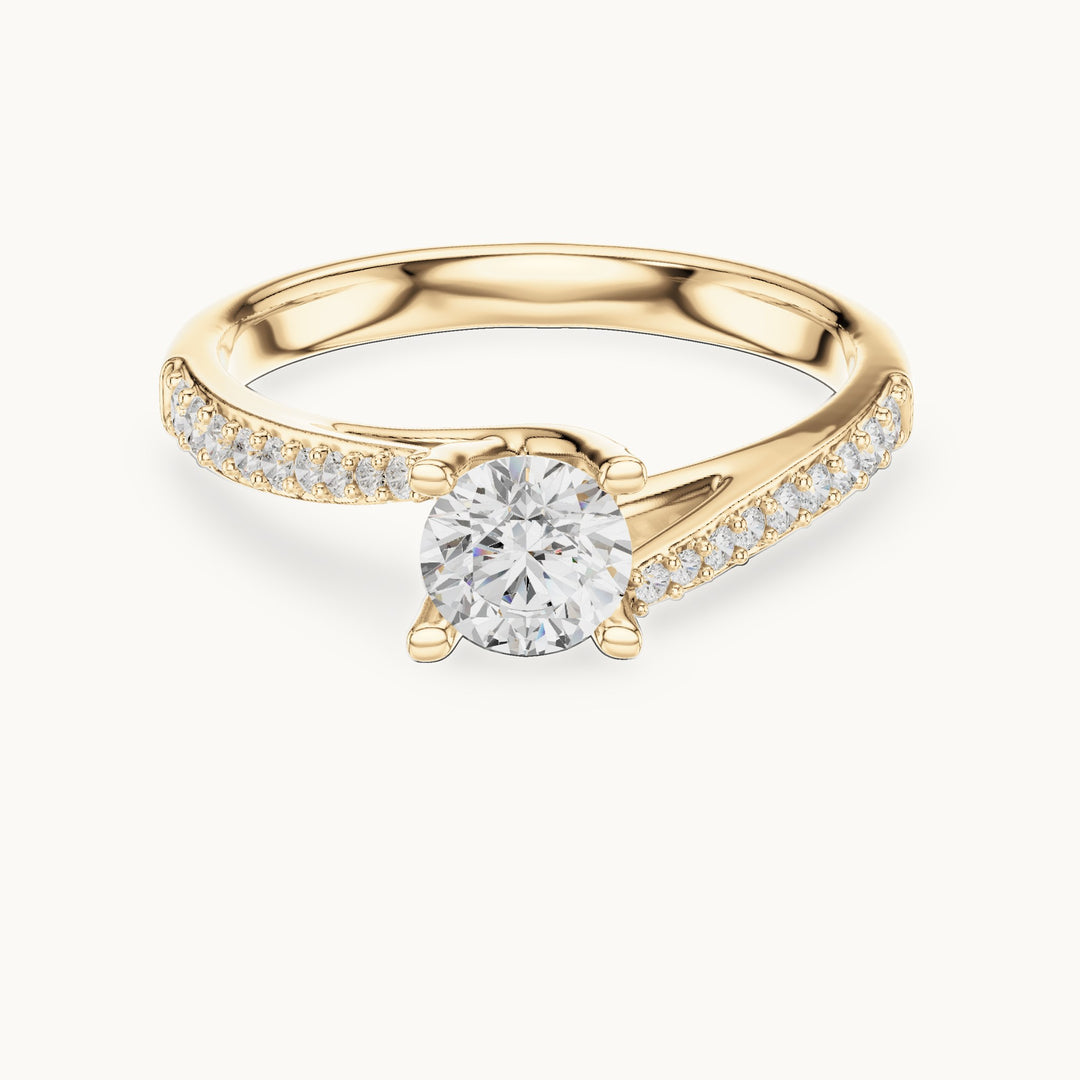 Round lab-grown diamond bypass solitaire engagement ring with pavé shoulders in yellow gold, 0.82 CT TW, view 4
