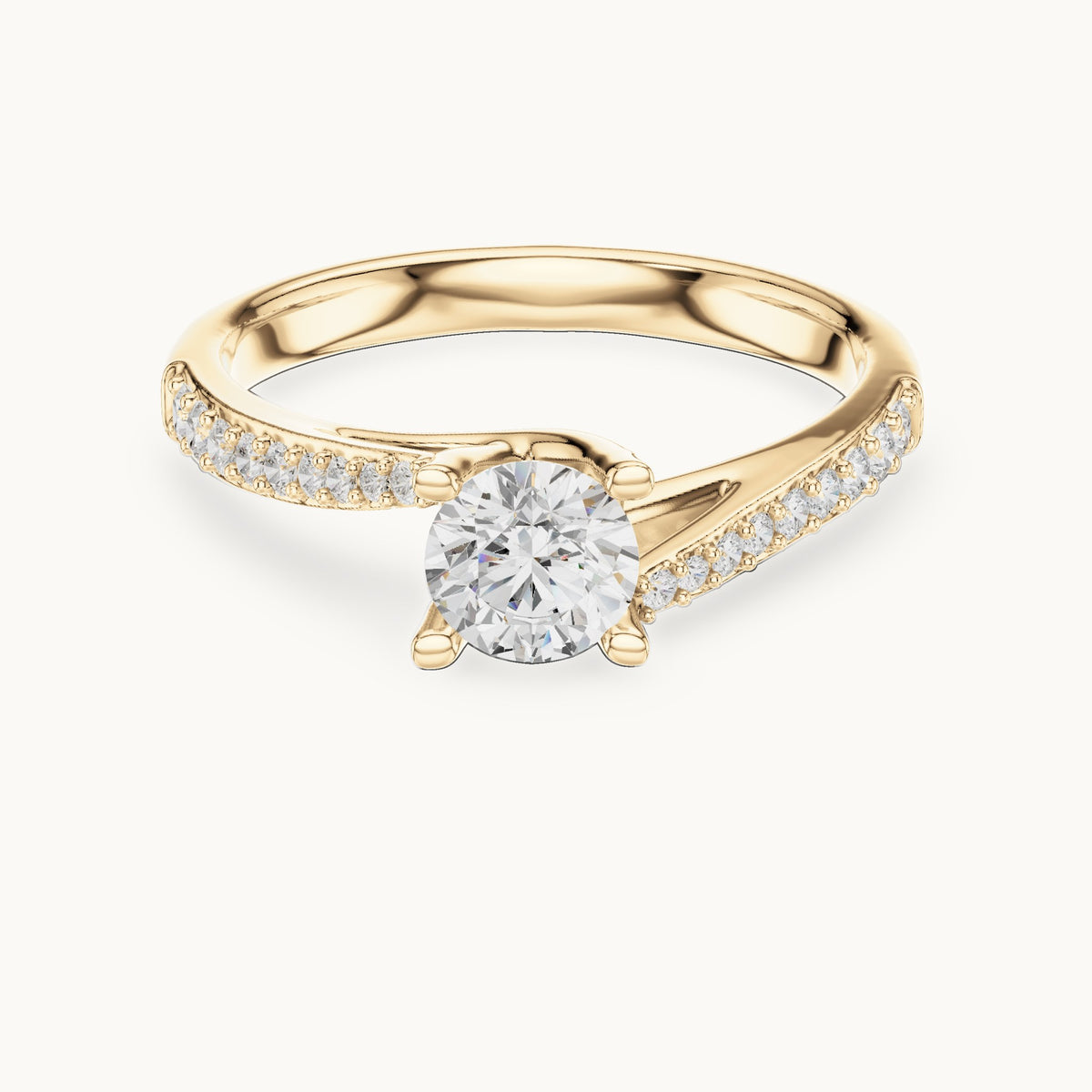 Round lab-grown diamond bypass solitaire engagement ring with pavé shoulders in yellow gold, 0.82 CT TW, view 4