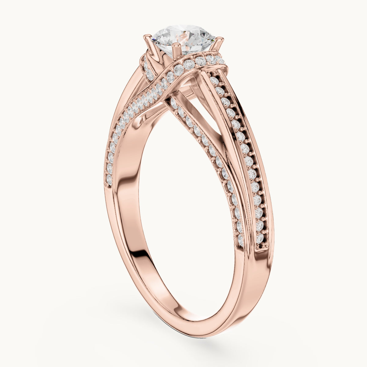 Round lab-grown diamond bypass pavé engagement ring in rose gold, 1.08 CT TW, view 1