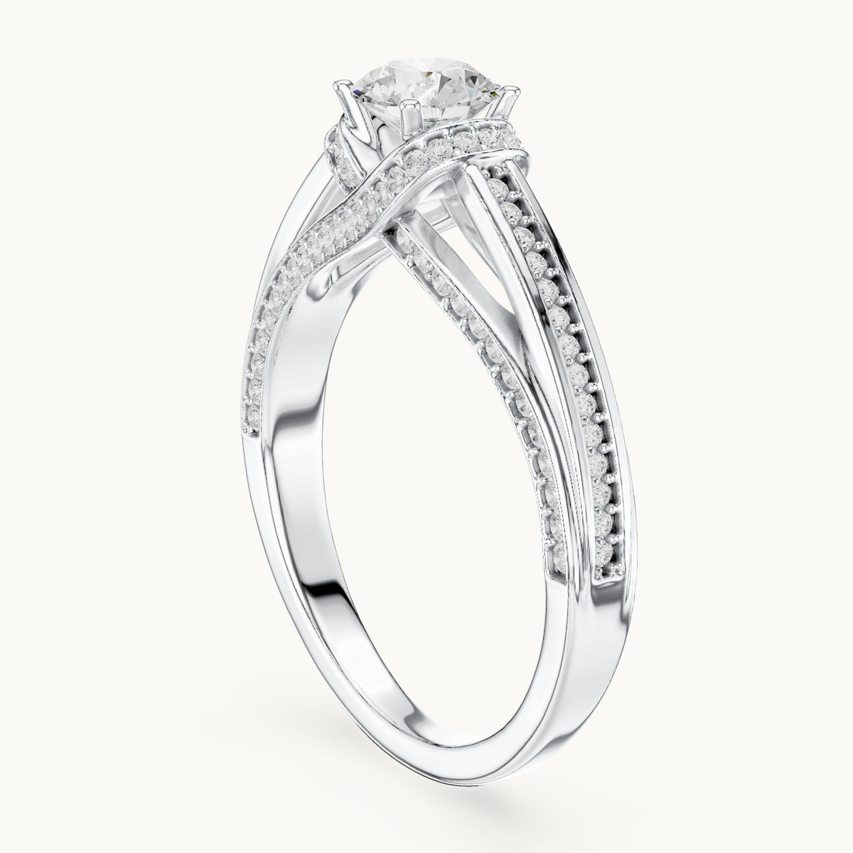 Round lab-grown diamond bypass pavé engagement ring in white gold, 1.08 CT TW, view 1
