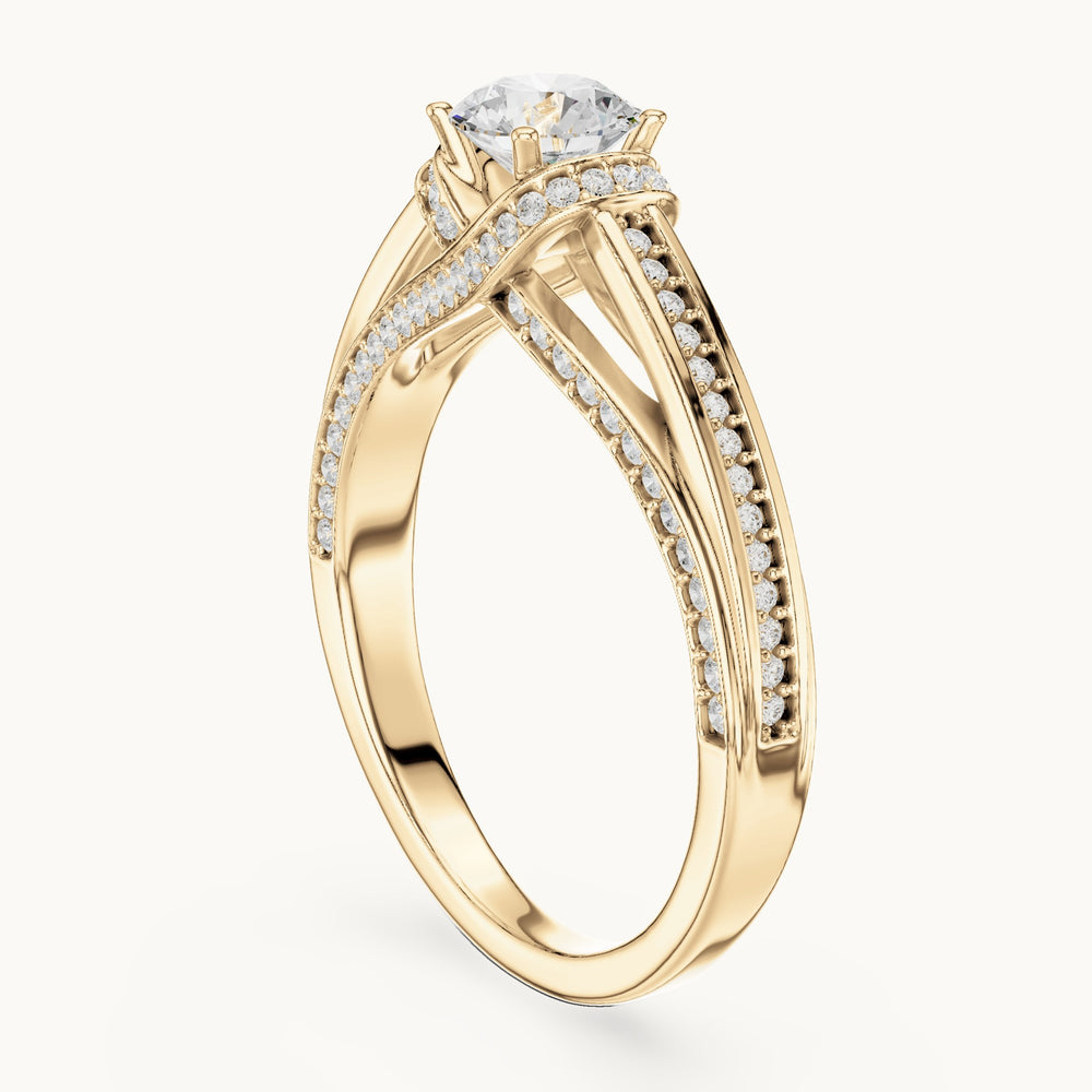 Round lab-grown diamond bypass pavé engagement ring in yellow gold, 1.08 CT TW, view 1