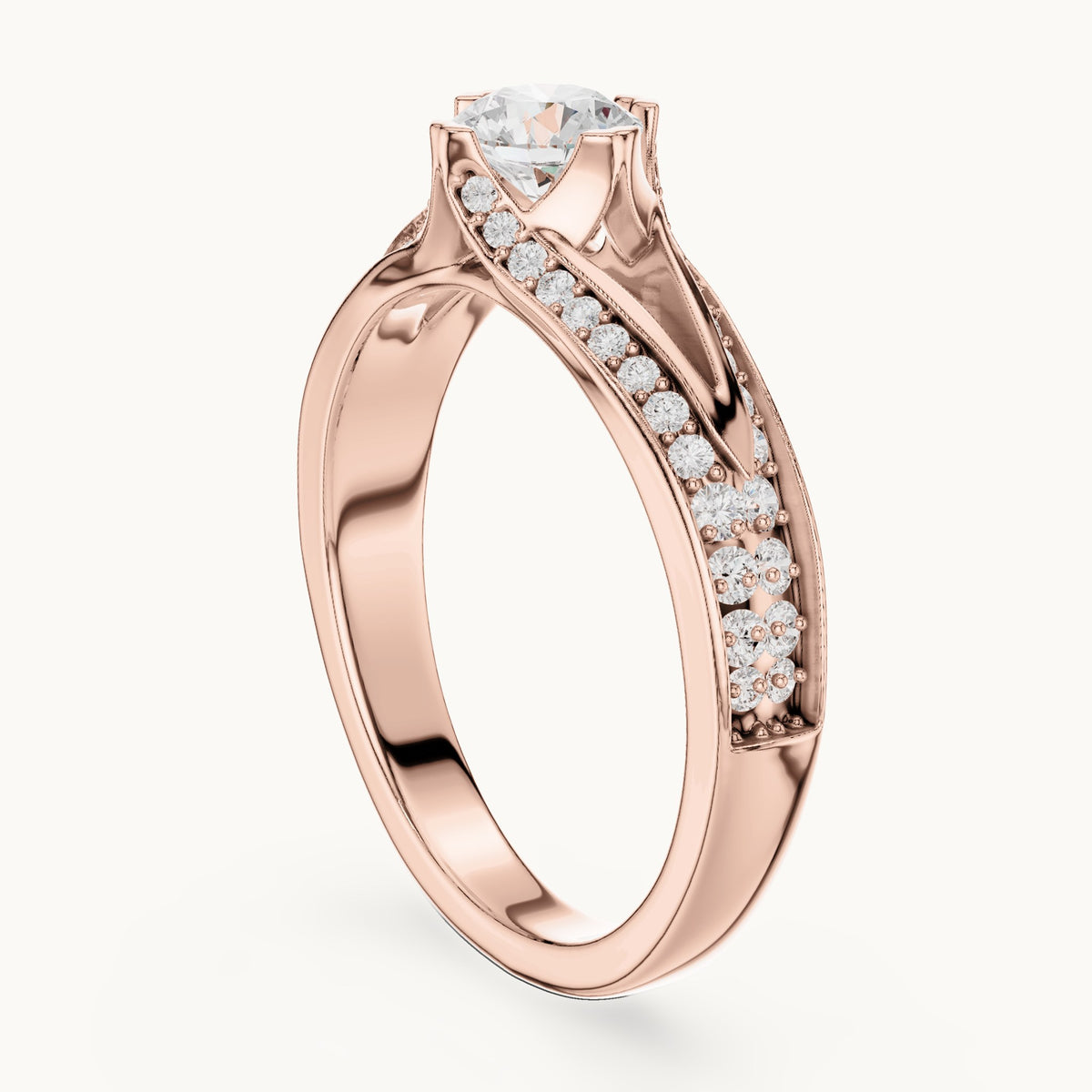 Round lab-grown diamond bypass engagement ring with channel set diamonds in rose gold, 1.06 CT TW, view 1
