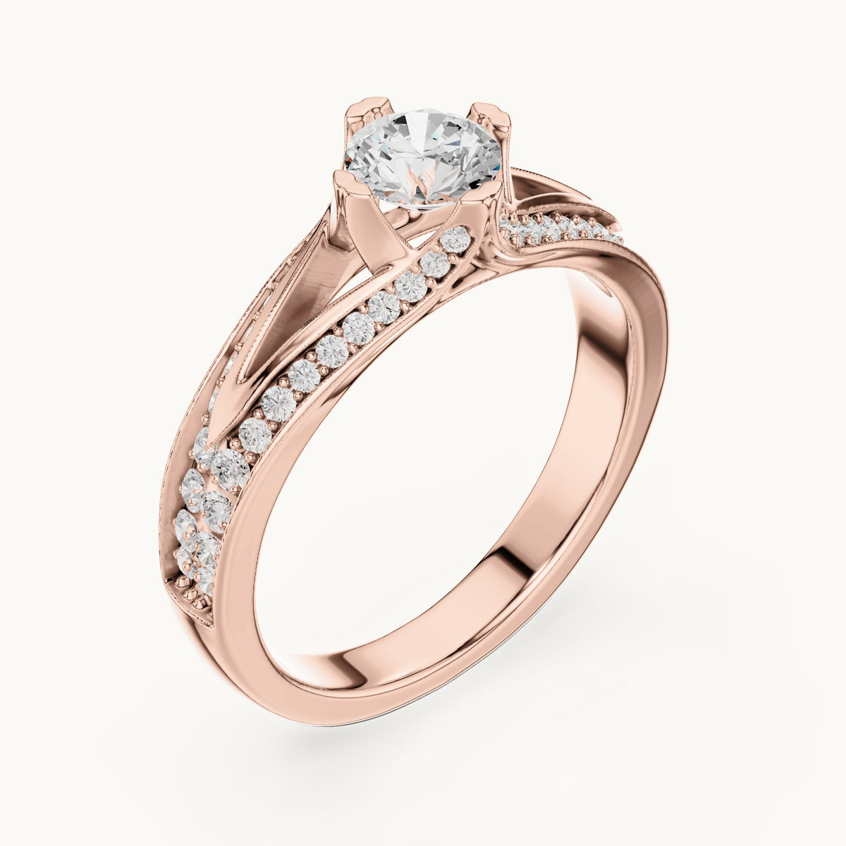 Round lab-grown diamond bypass engagement ring with channel set diamonds in rose gold, 1.06 CT TW, view 2