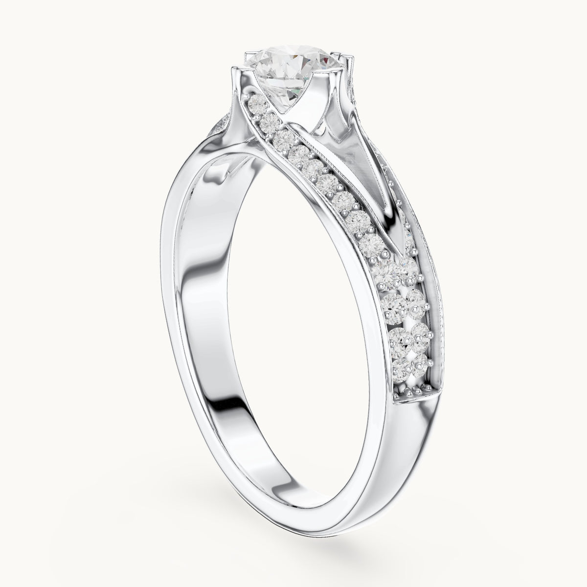Round lab-grown diamond bypass engagement ring with channel set diamonds in white gold, 1.06 CT TW, view 1
