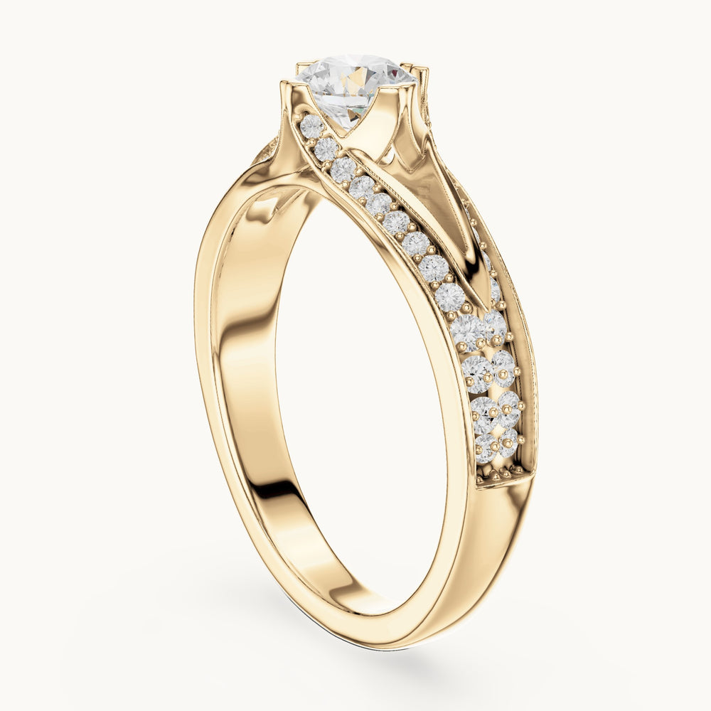 Round lab-grown diamond bypass engagement ring with channel set diamonds in yellow gold, 1.06 CT TW, view 1