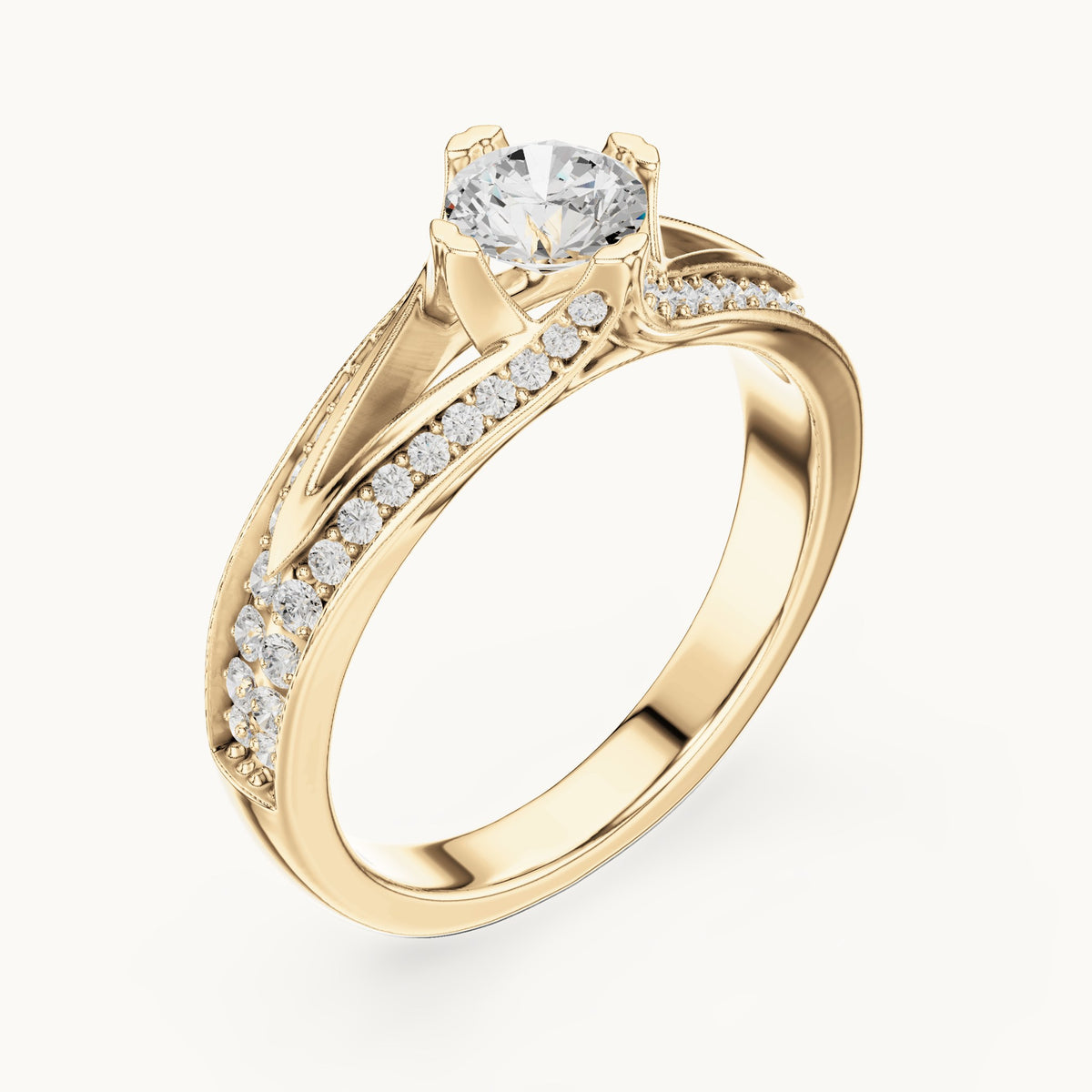 Round lab-grown diamond bypass engagement ring with channel set diamonds in yellow gold, 1.06 CT TW, view 2