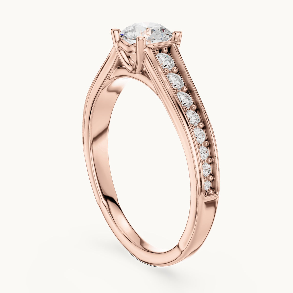 Round lab-grown diamond cathedral engagement ring with side stones in rose gold, 0.95 CT TW, view 1