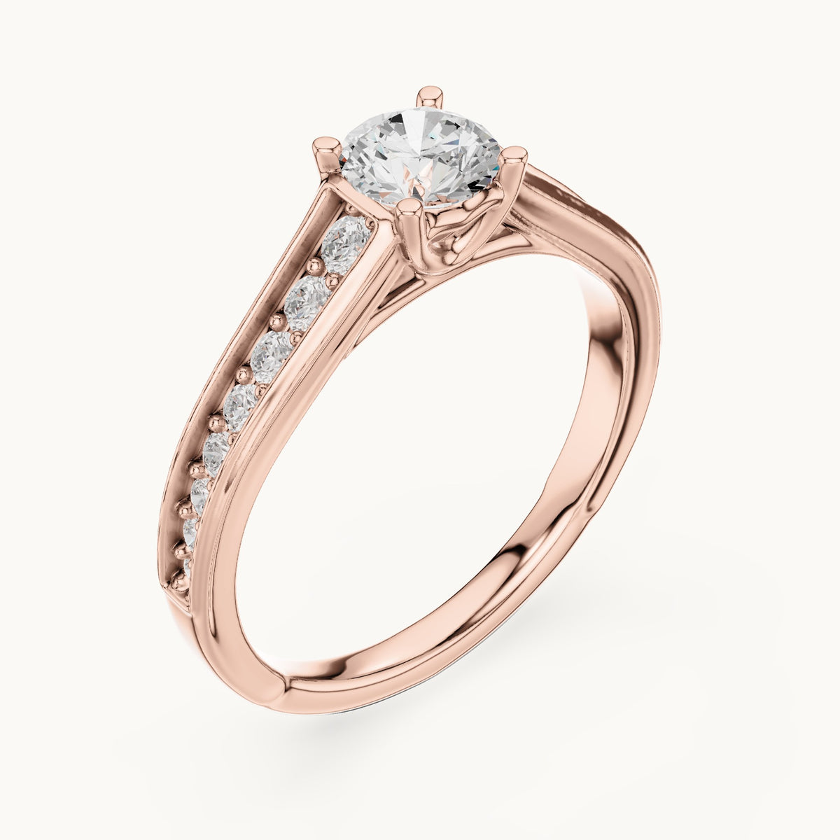 Round lab-grown diamond cathedral engagement ring with side stones in rose gold, 0.95 CT TW, view 2