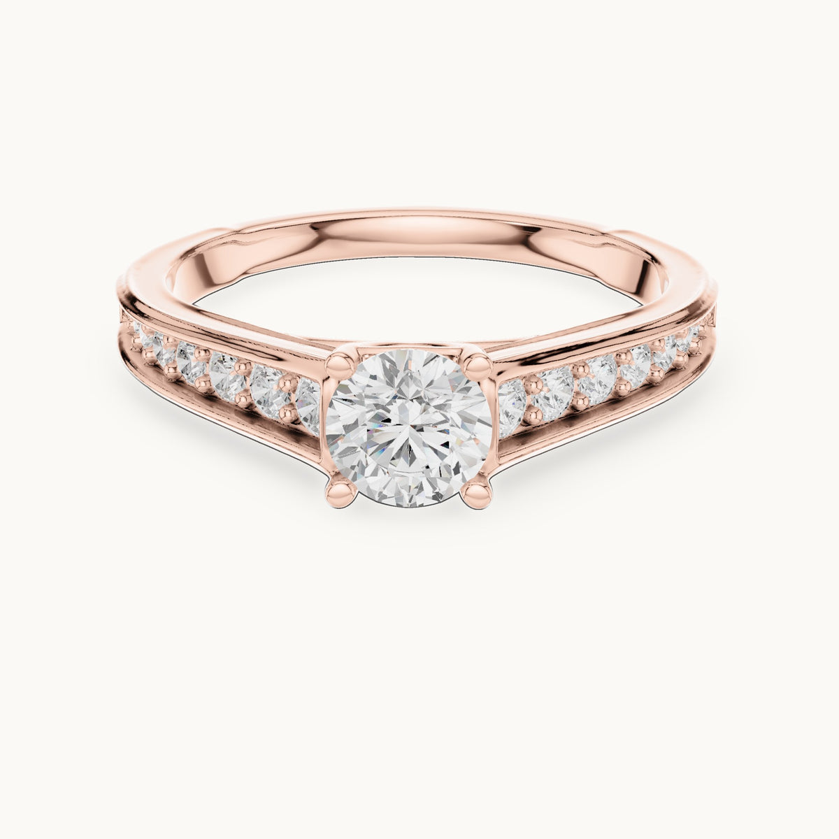 Round lab-grown diamond cathedral engagement ring with side stones in rose gold, 0.95 CT TW, view 4