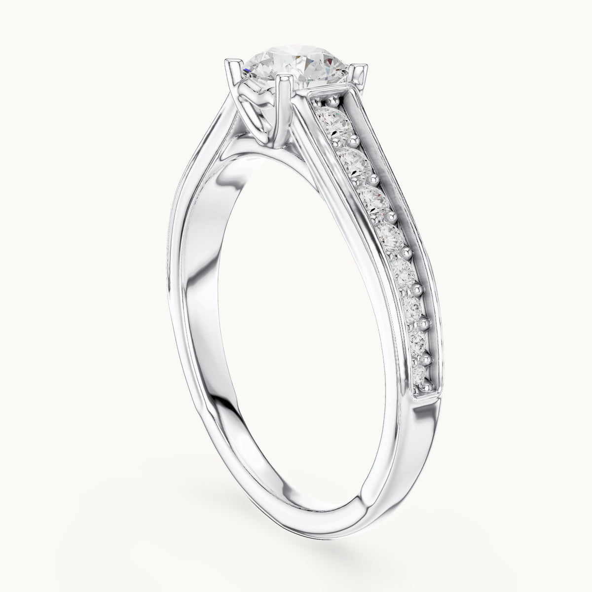 Round lab-grown diamond cathedral engagement ring with side stones in white gold, 0.95 CT TW, view 1