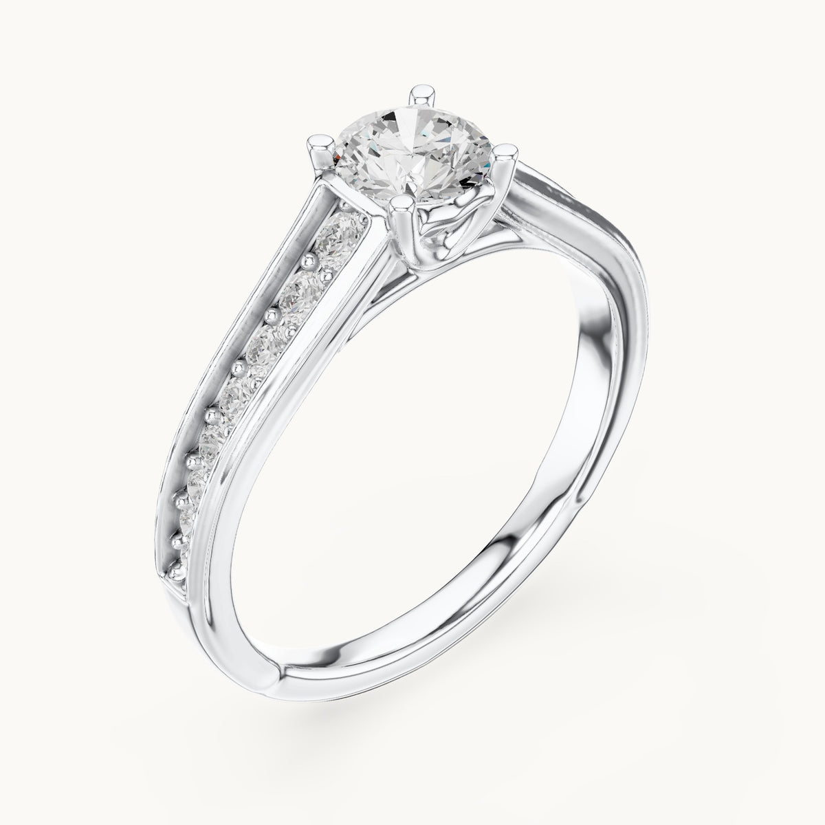 Round lab-grown diamond cathedral engagement ring with side stones in white gold, 0.95 CT TW, view 2