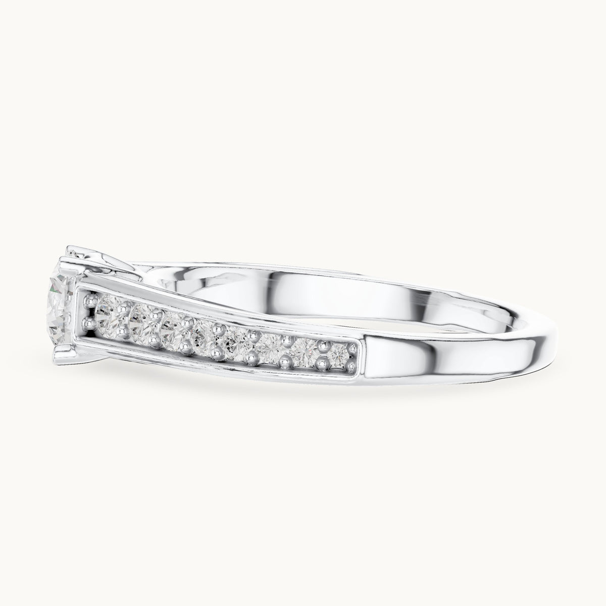 Round lab-grown diamond cathedral engagement ring with side stones in white gold, 0.95 CT TW, view 3