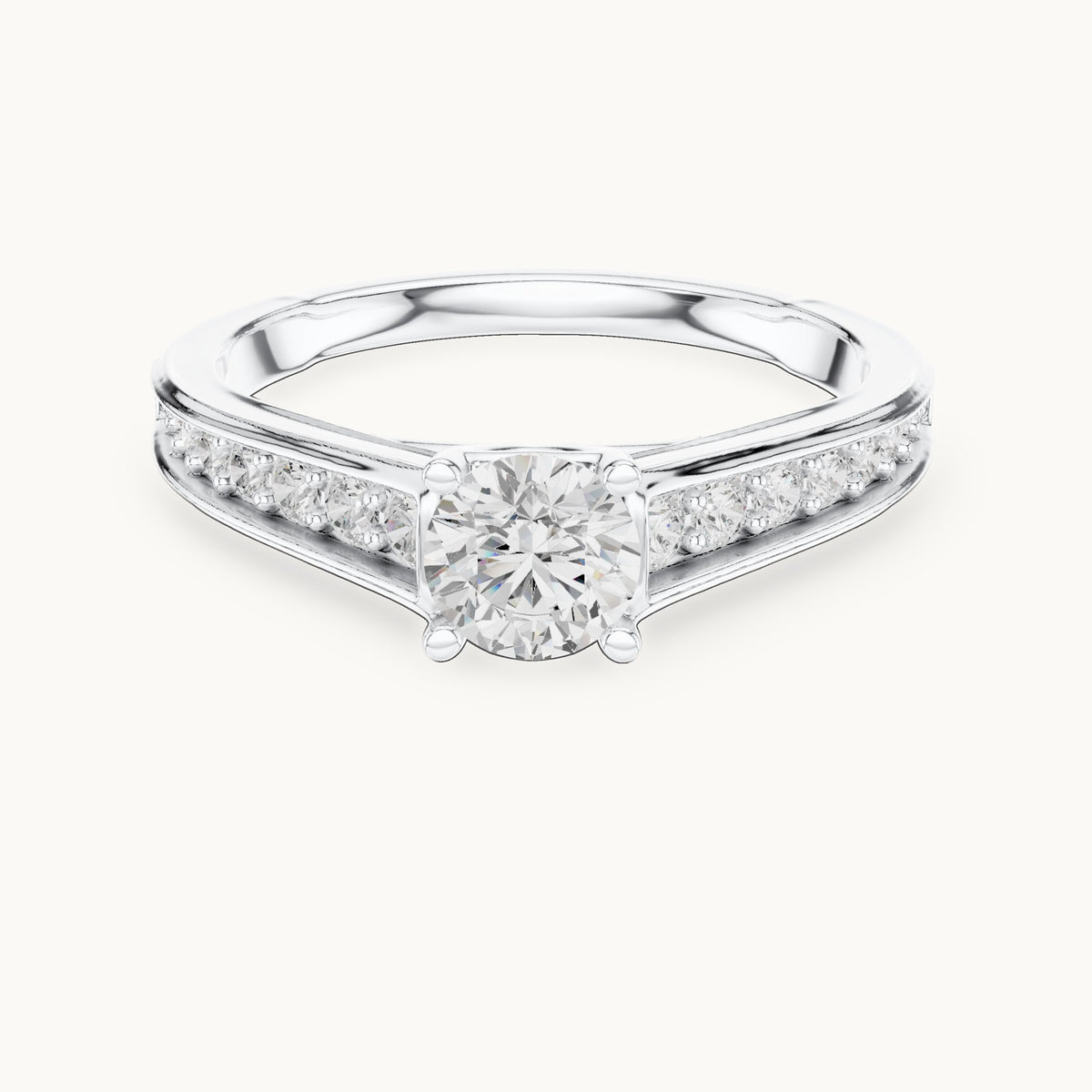 Round lab-grown diamond cathedral engagement ring with side stones in white gold, 0.95 CT TW, view 4