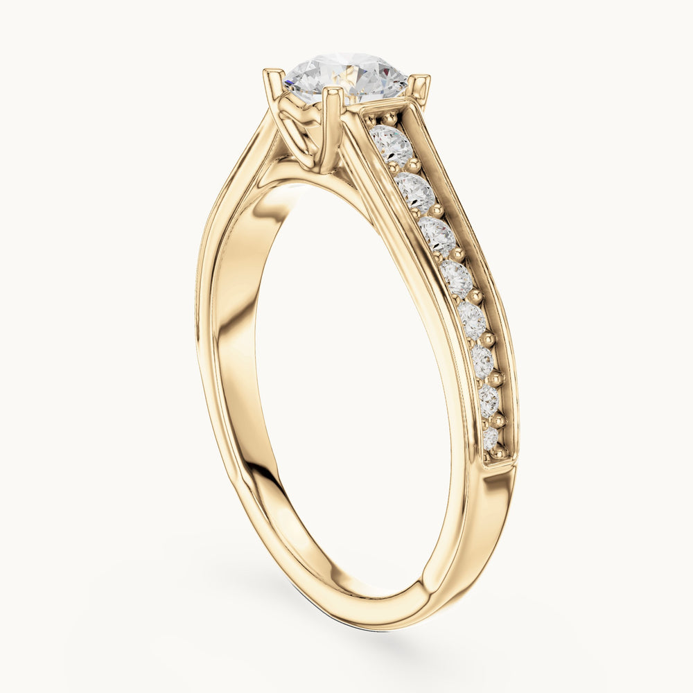 Round lab-grown diamond cathedral engagement ring with side stones in yellow gold, 0.95 CT TW, view 1