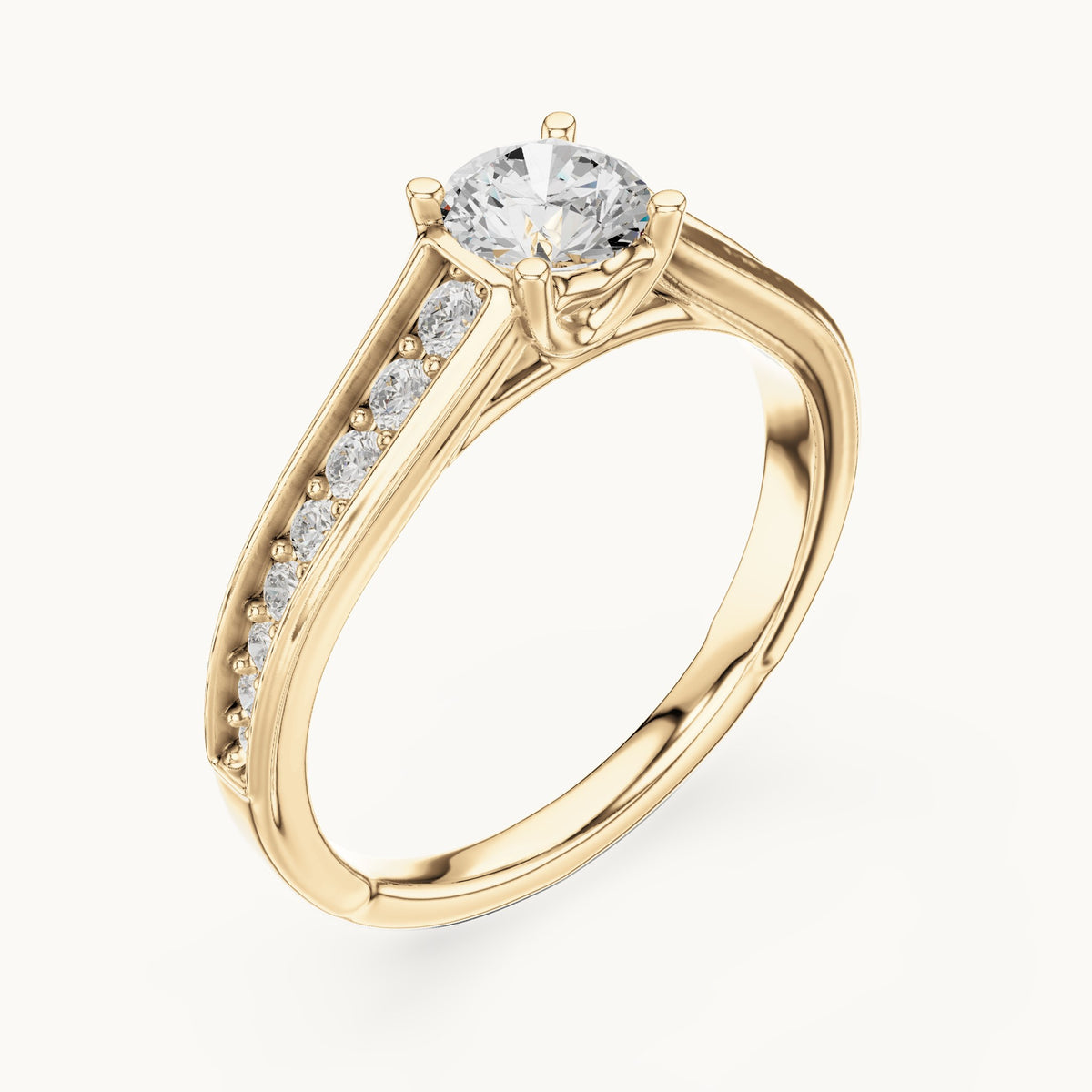 Round lab-grown diamond cathedral engagement ring with side stones in yellow gold, 0.95 CT TW, view 2