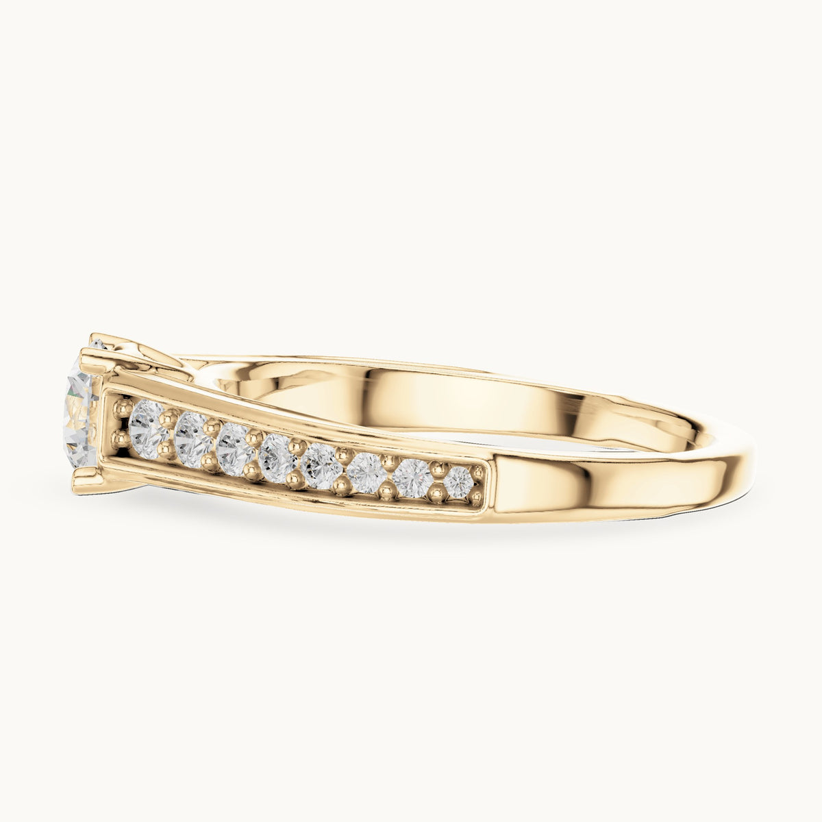 Round lab-grown diamond cathedral engagement ring with side stones in yellow gold, 0.95 CT TW, view 3