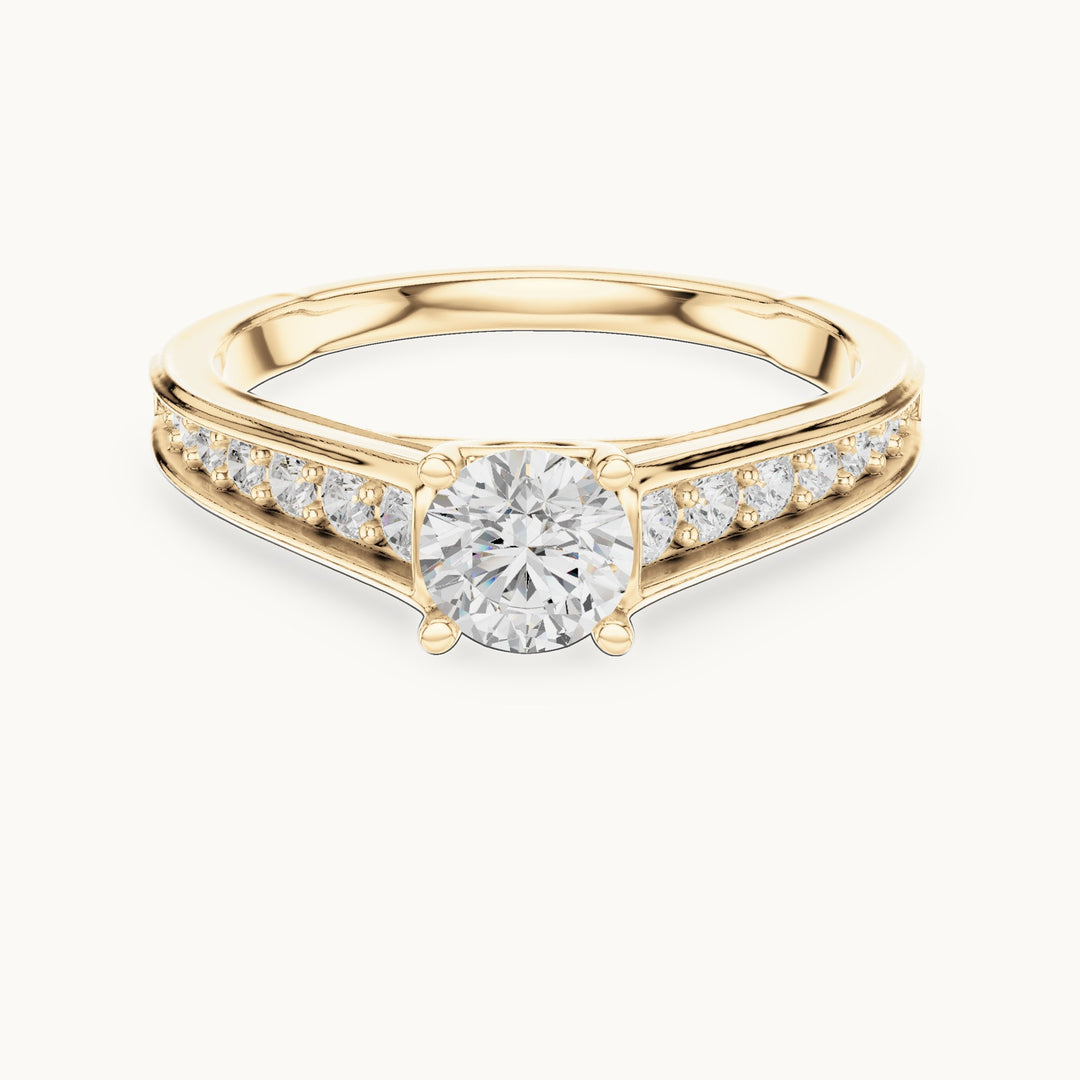 Round lab-grown diamond cathedral engagement ring with side stones in yellow gold, 0.95 CT TW, view 4