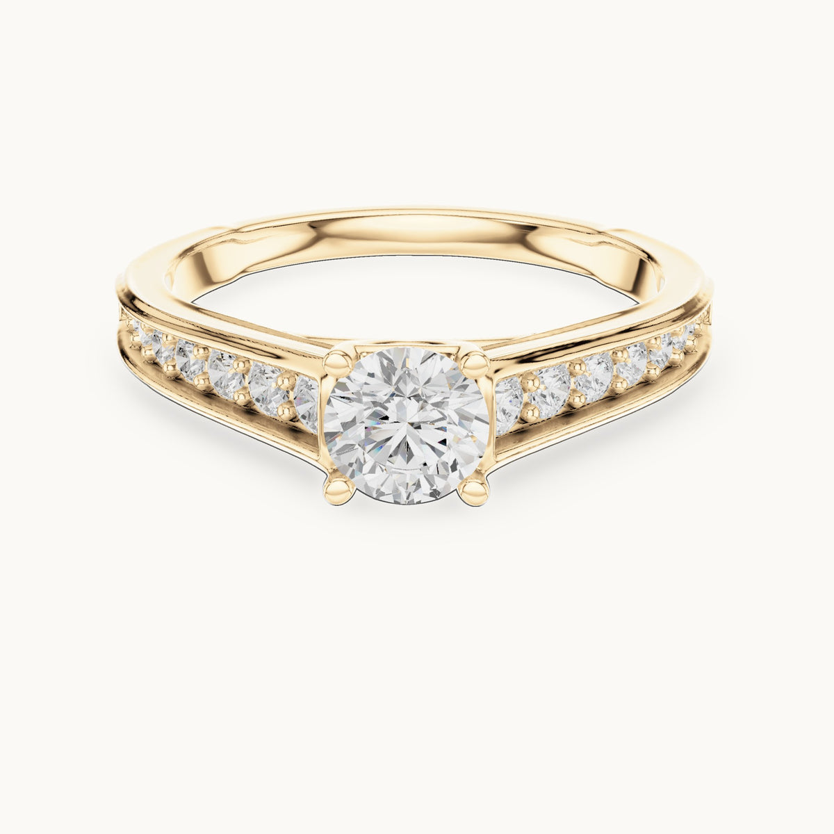 Round lab-grown diamond cathedral engagement ring with side stones in yellow gold, 0.95 CT TW, view 4