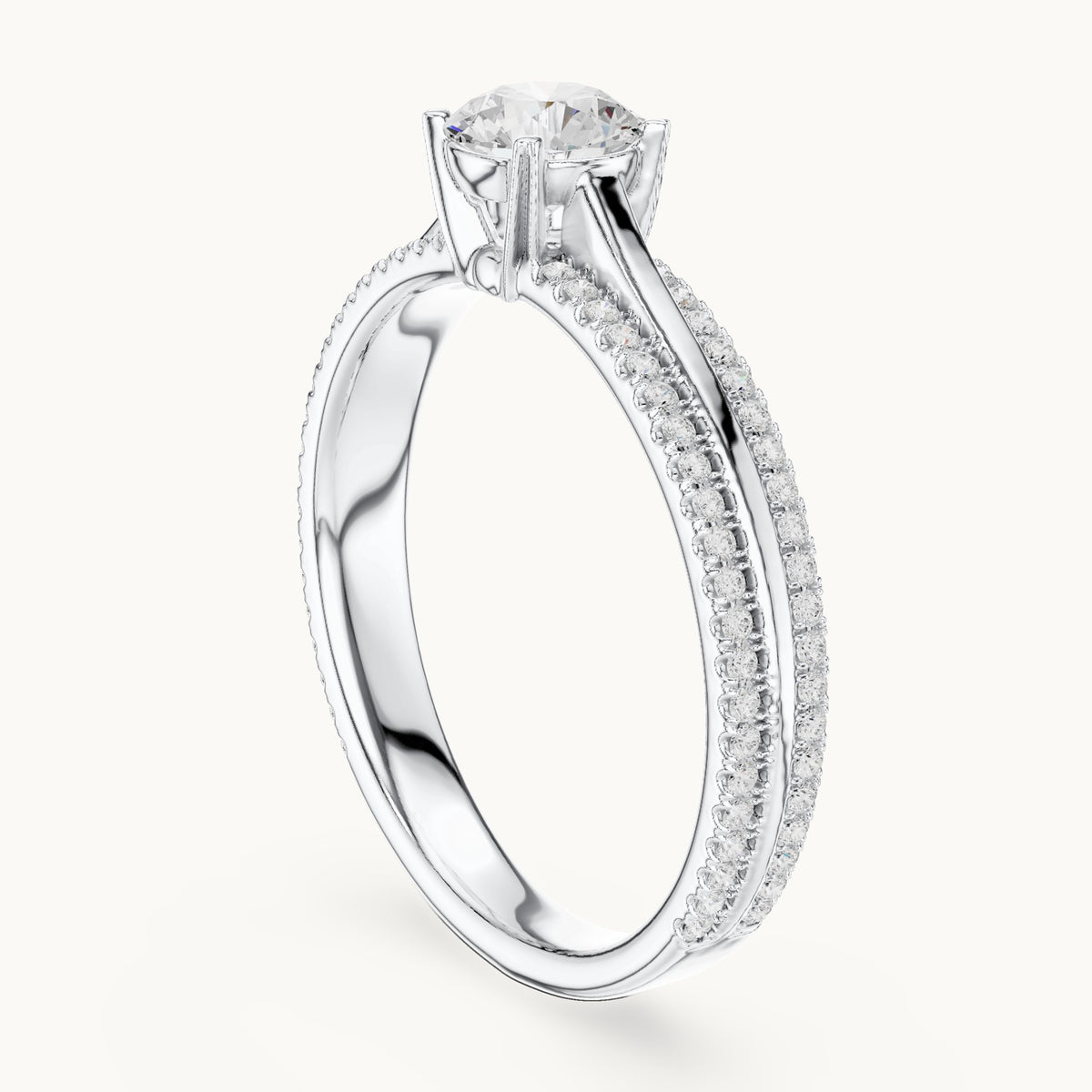 Round lab-grown diamond pavé engagement ring in white gold, 0.94 CT TW, view 1